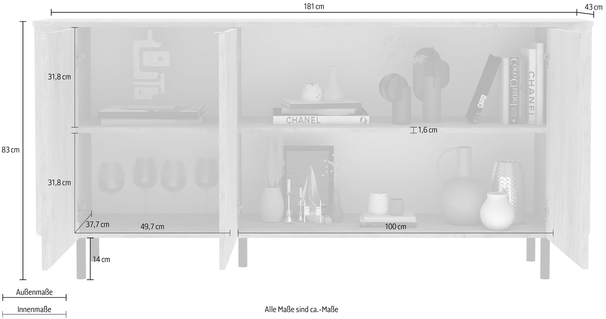 Home affaire Sideboard »Murano, 181 cm breit, 3 Türen, Anrichte, Kommode, Stauraumschrank« Formgebogenes MDF, Stirnseiten mit Rundung, Füße und Griffe aus Metall
