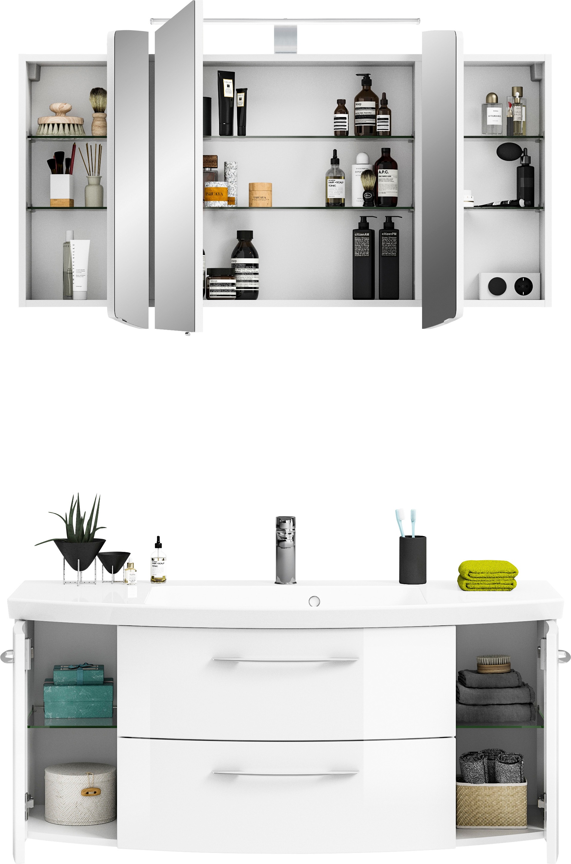Saphir Badmöbel-Set »Cassca Sprint 2-teilig Mineralmarmor-Waschtisch mit LED-Spiegelschrank«, (2 St.), Waschplatz 121 cm breit mit 5 Türen, 2 Schubladen, inkl. Türdämpfer