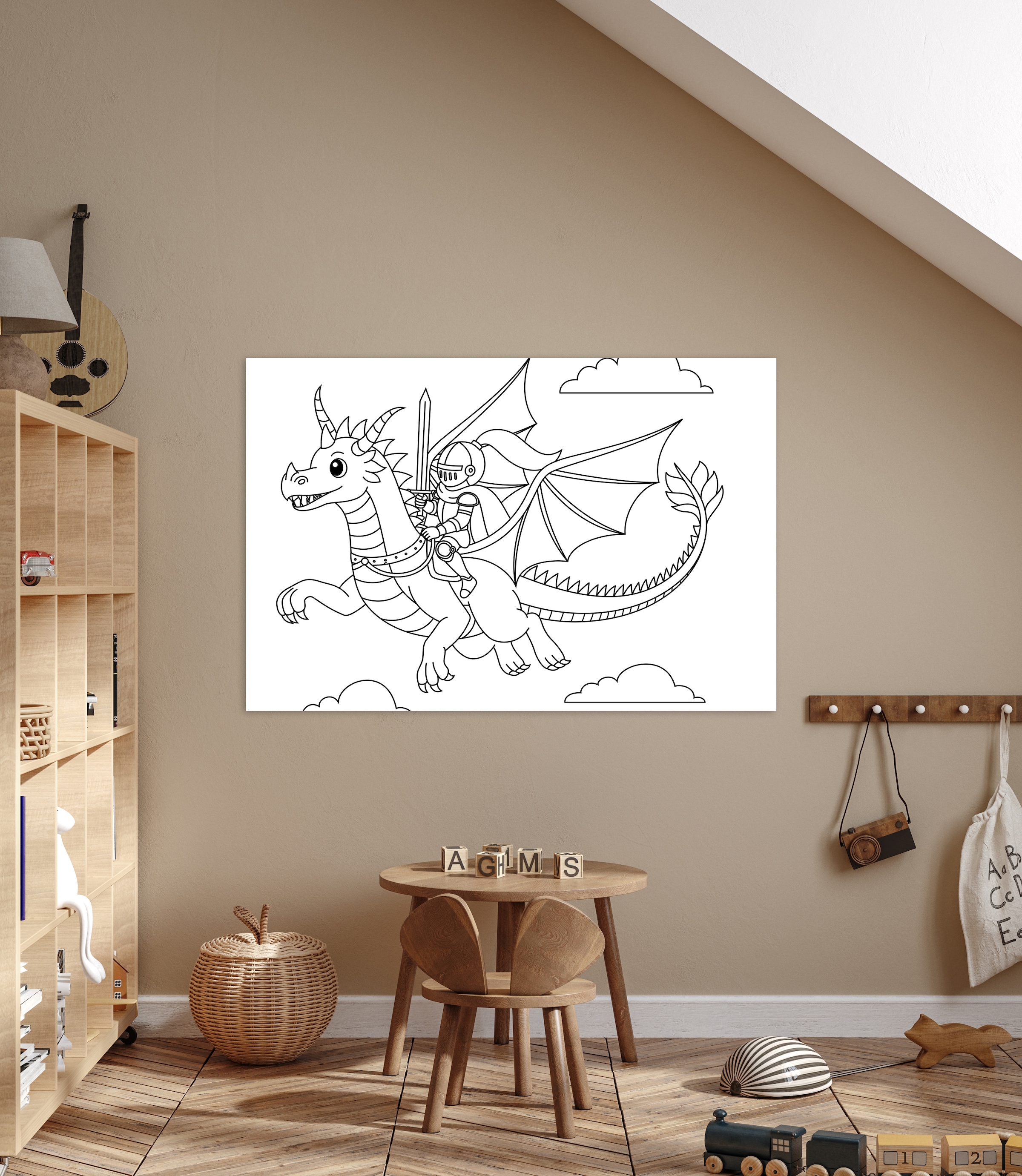 queence Bild »Fliegender Drache & Ritter«, Drachen-Figuren-klassische Fantasie-Märchen-Mädchen-Märchenbilder-Reitbilder-Ritter, (1 St.), DIY Wandbild aus Dibond