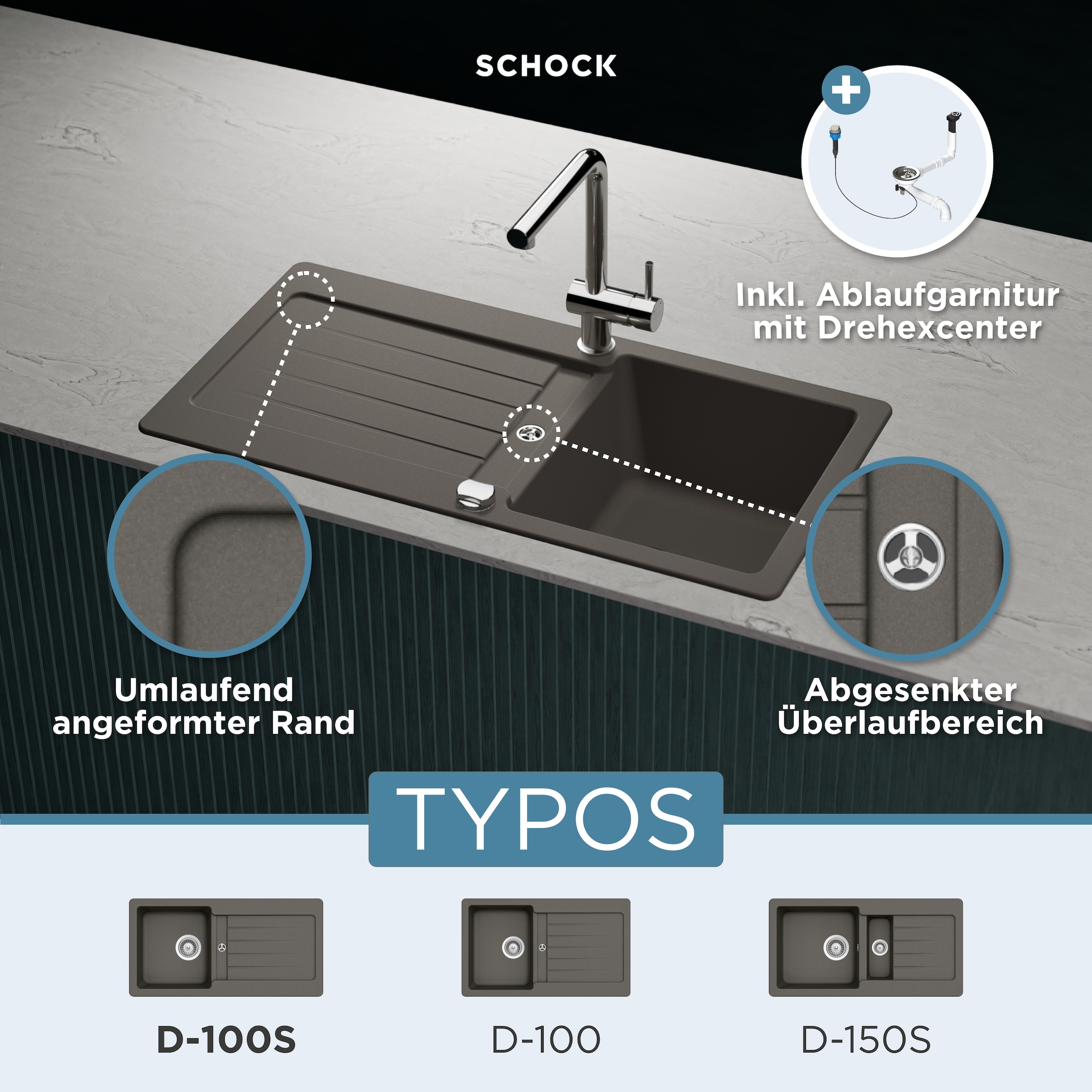 Schock Granitspüle »Typos D-100 S«, mit Ablauf und Abtropffläche, links und rechts einbaubar