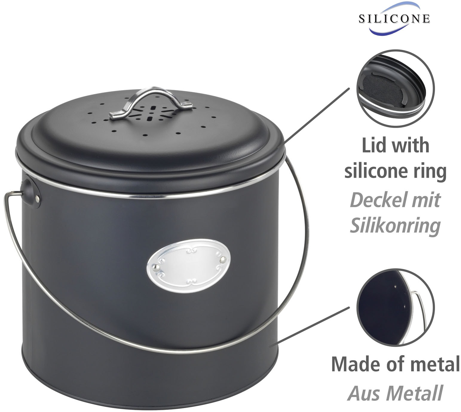 WENKO Biomülleimer »Modell Nero«, Komposteimer aus Metall, inkl. 3 Aktivkohlefiltern zum Wechseln, 6 L