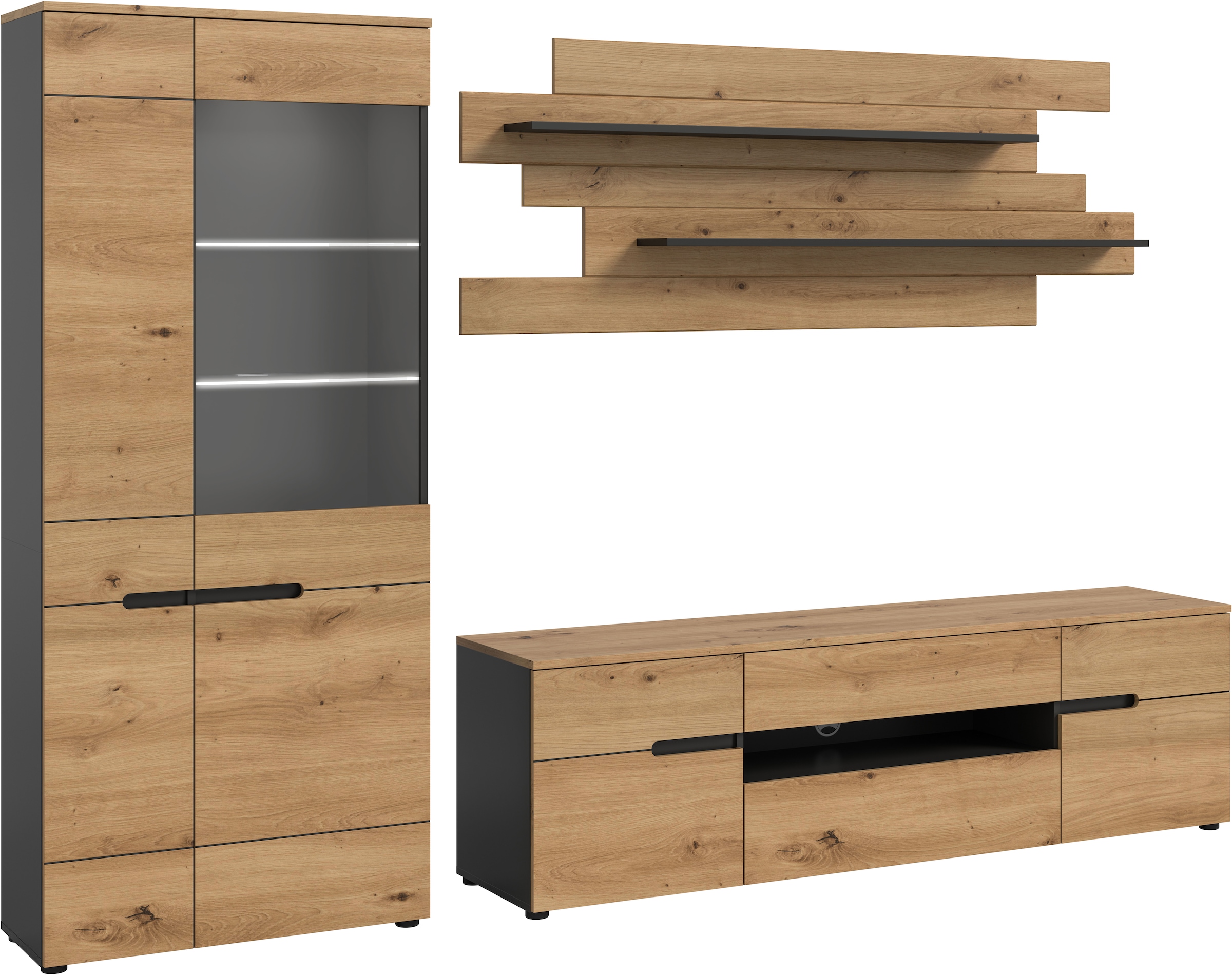 INOSIGN Wohnwand »REHAT, TOPSELLER!, 3-teilig, Breite 280 cm, inklusive Beleuchtung«, (5 St., Set inkl. Beleuchtung, bestehend aus: Vitrine, Lowboard und Wandboard), Kombination, Anbauwand, Set, Wohn-Set, Wohnzimmer-Set, Schrankwand