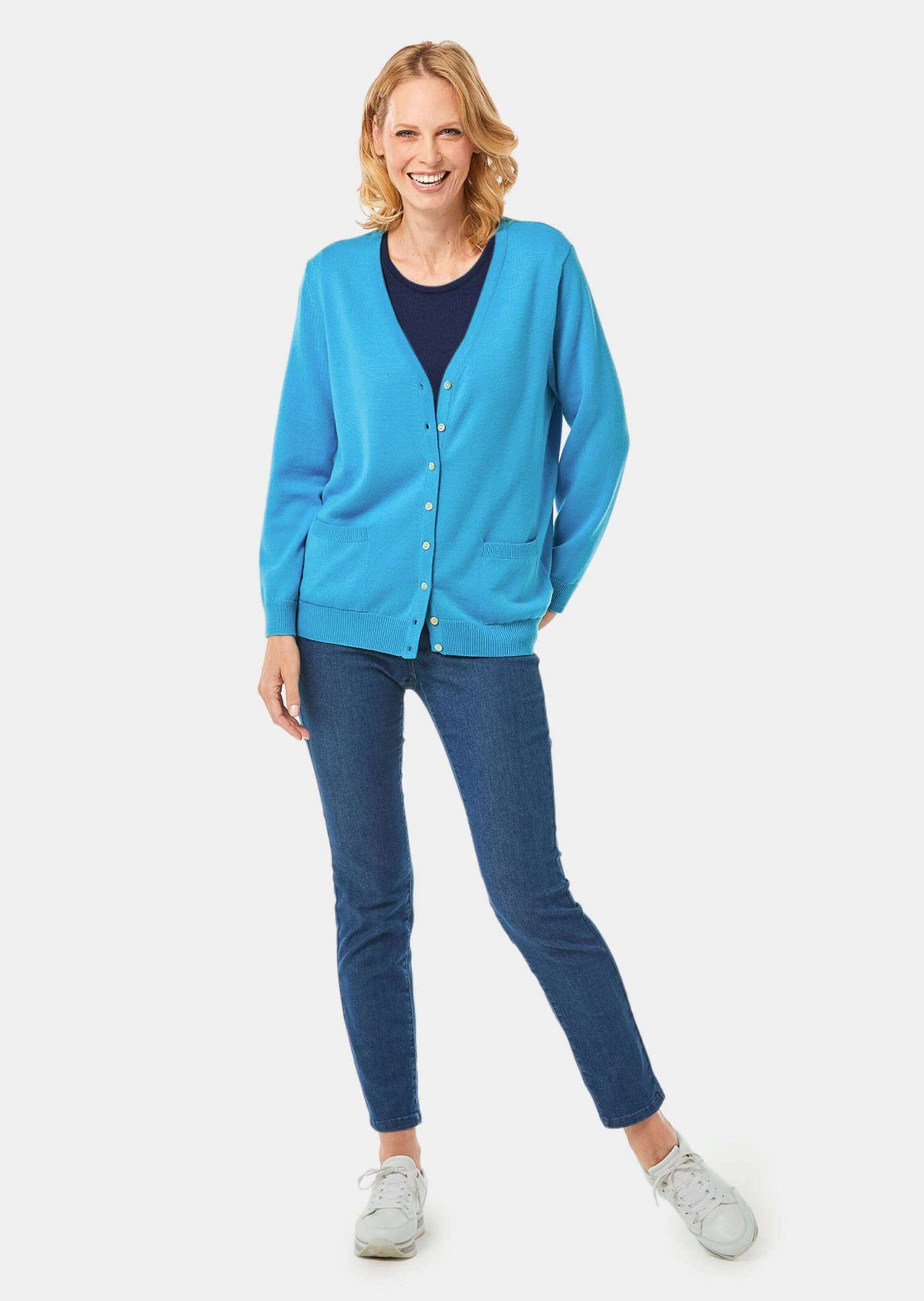 GOLDNER Strickjacke "Kurzgröße Uni Merino-Cardigan Langarm" Rippenbündchen günstig online kaufen