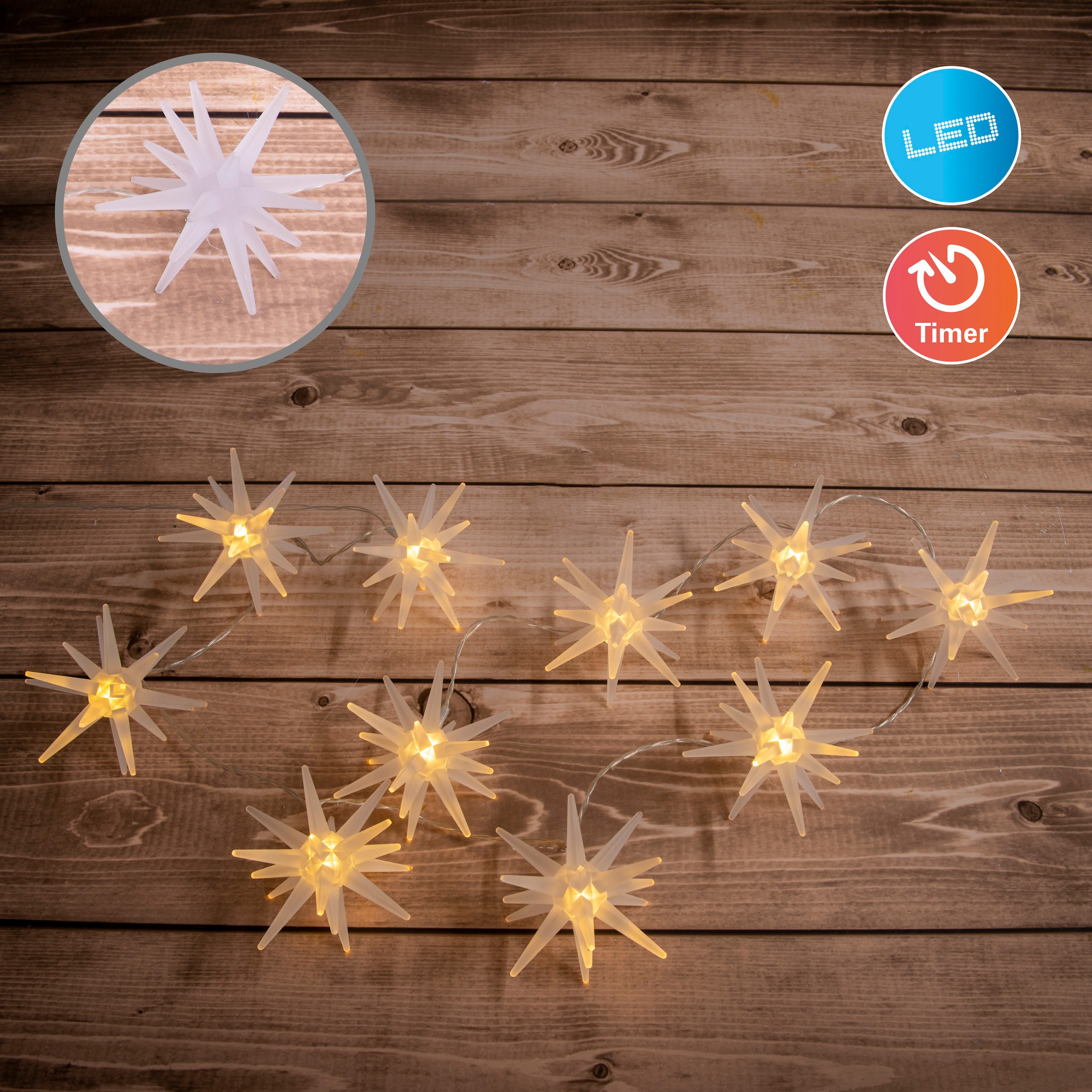 näve LED-Lichterkette »3D-Sterne, | 10 bestellen 165cm Kunststoff BAUR Weihnachtsdeko«, mit gefrostet St.-flammig, Länge weiß Timer in aus