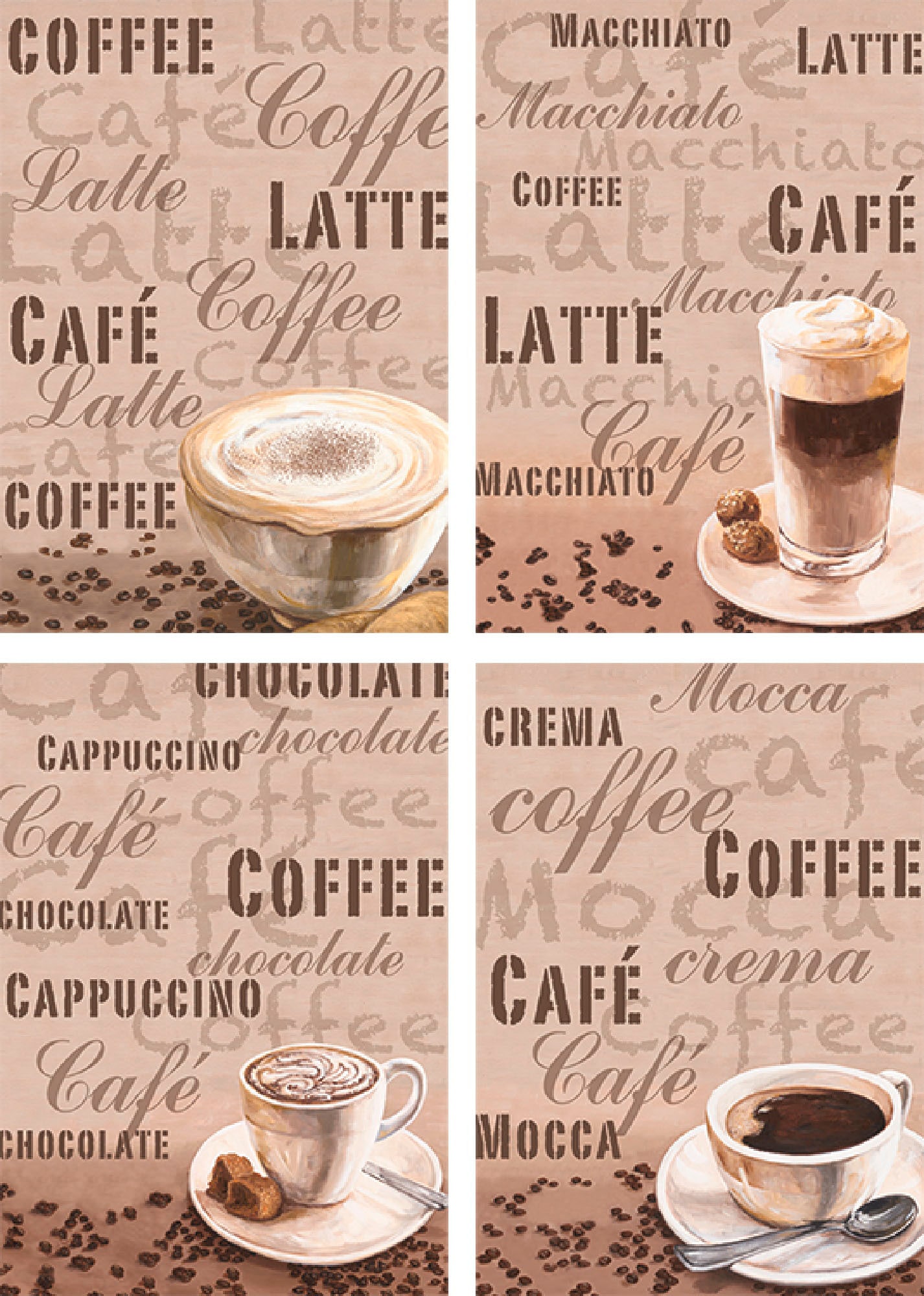 Artland Poster "Milchkaffee Latte MacchiatoChocolate", Getränke, (4 St.), Poster, Wandbild, Bild, Wandposter