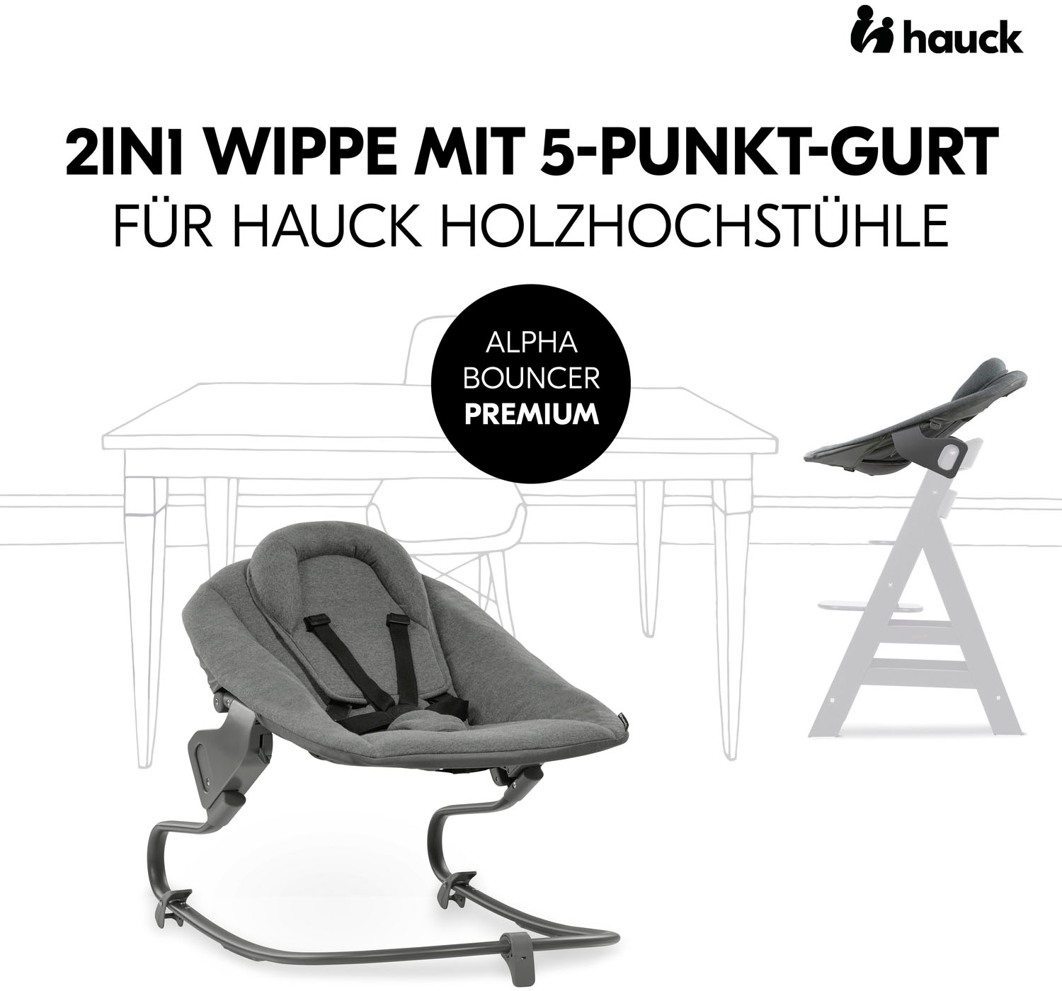 Hauck Babywippe »Alpha Bouncer Premium, Dark Grey«, bis 9 kg, für Neugeborene mit Wippgestell, für Hochstuhl Alpha+ und Beta+