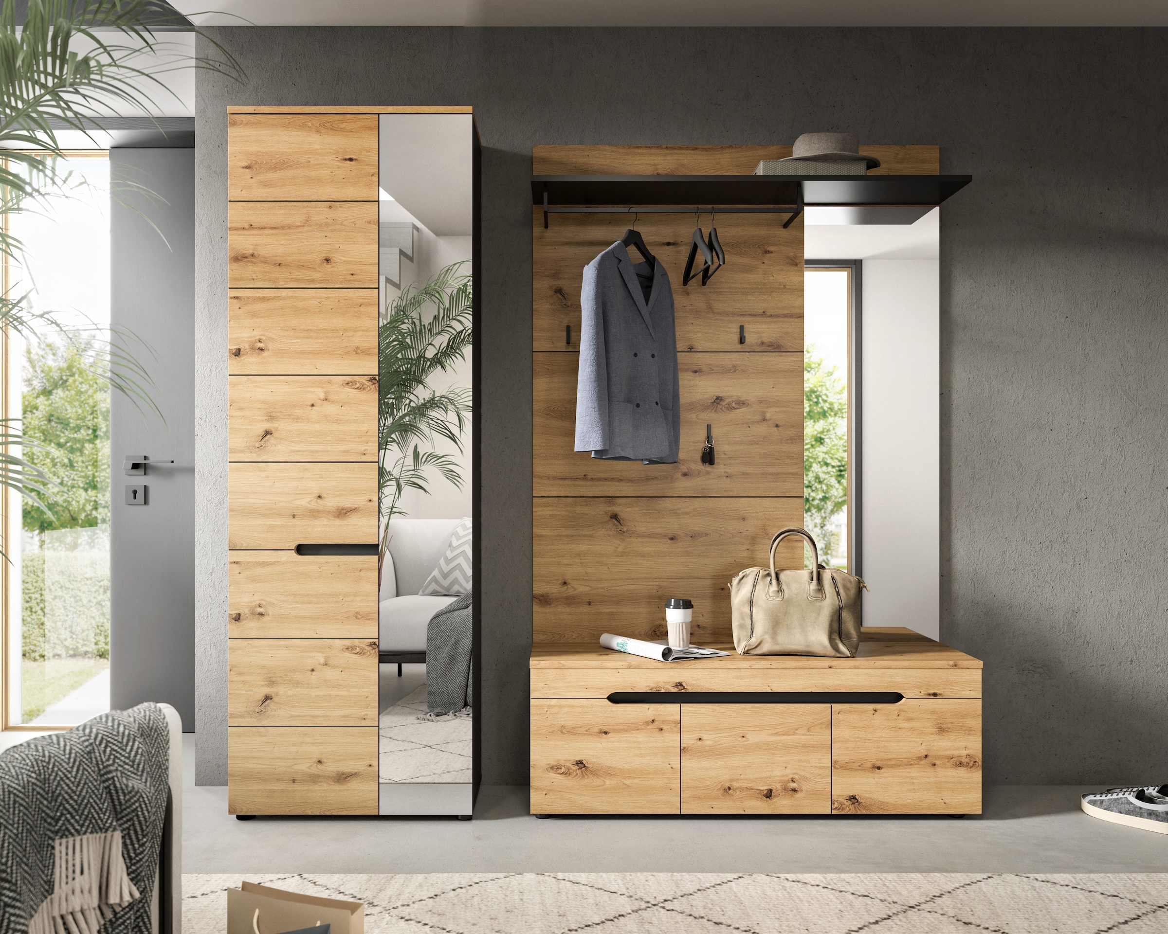 Home affaire Garderoben-Set »REHAT, TOPSELLER!, 3-teilig, Breite 200 cm, individuell stellbar« Set, best. aus: Garderobenschrank, Sitzbank & Garderobenpaneel, 3 Stk. tlg.