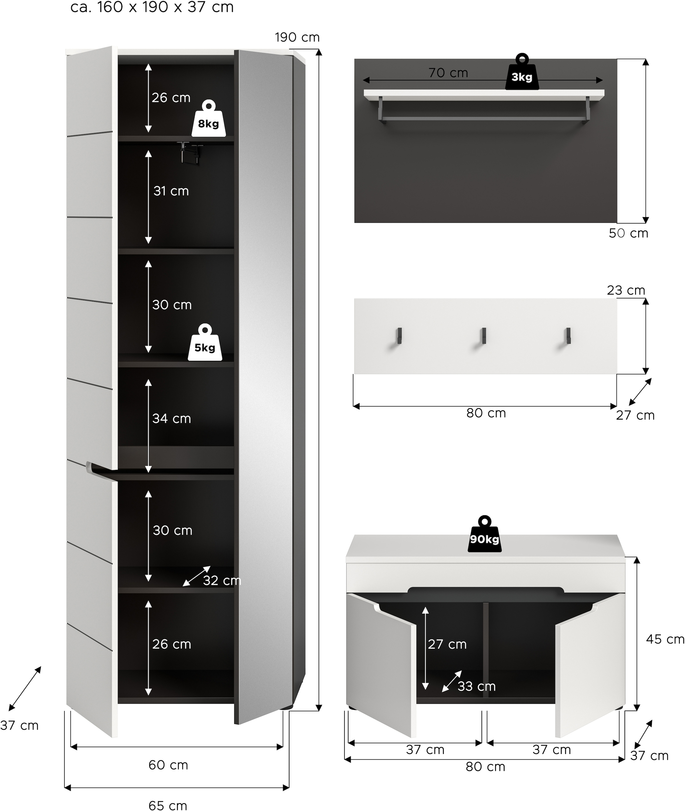 Home affaire Garderoben-Set »REHAT, TOPSELLER!, 4-teilig, Breite 160cm, individuell stellbar« bestehend aus: Garderobenschrank, Sitzbank, Paneel, Hakenleiste, 3 Stk. tlg.
