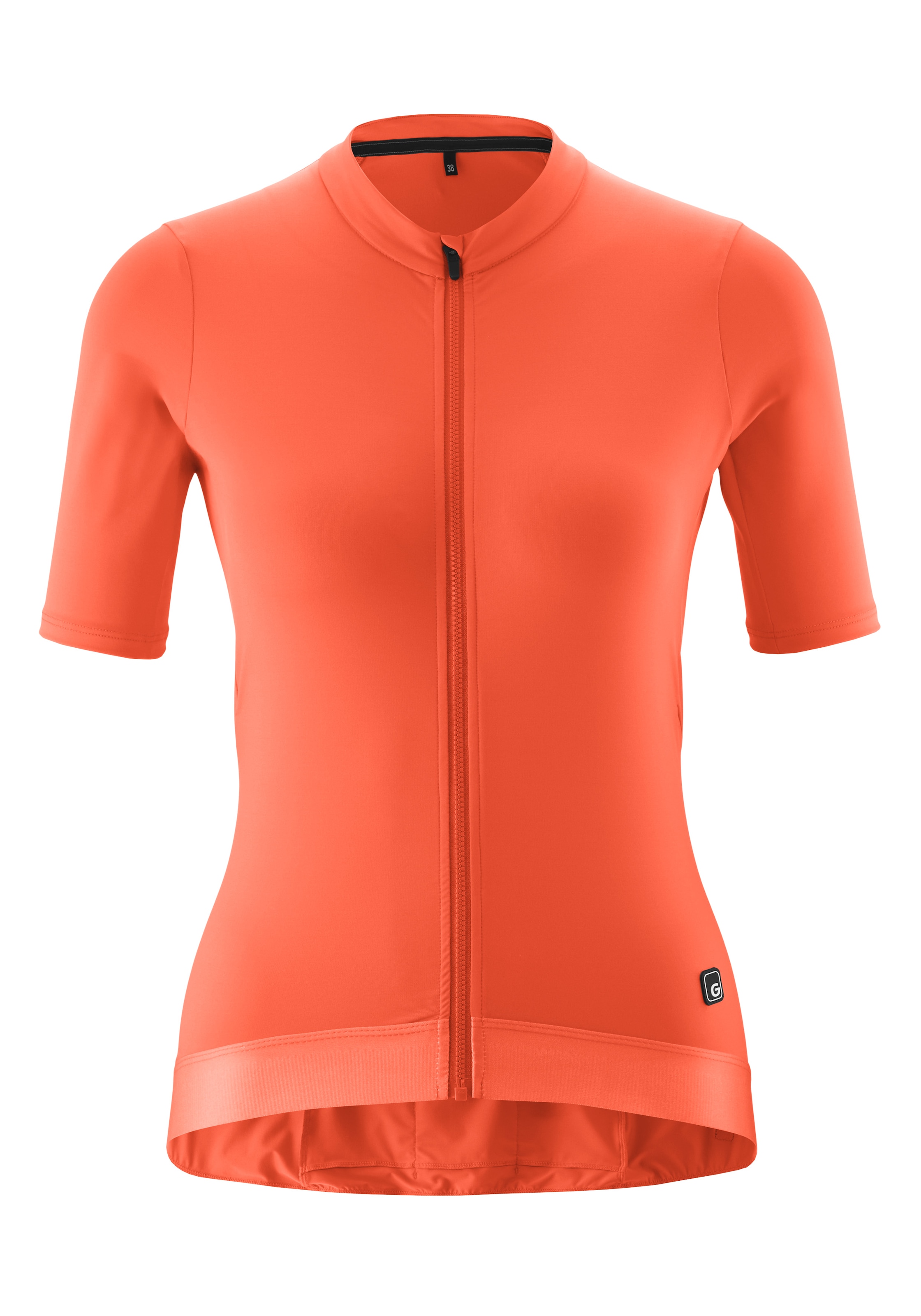 Radtrikot GONSO "Road Jersey W", Damen, Gr. 36, hellrot, 84% Polyester, 16% Elasthan, Rundhals, Trikots, Damen Fahrradtrikot kurzarm, Full-Zip Trikot, Rückentasche, Slim Fit