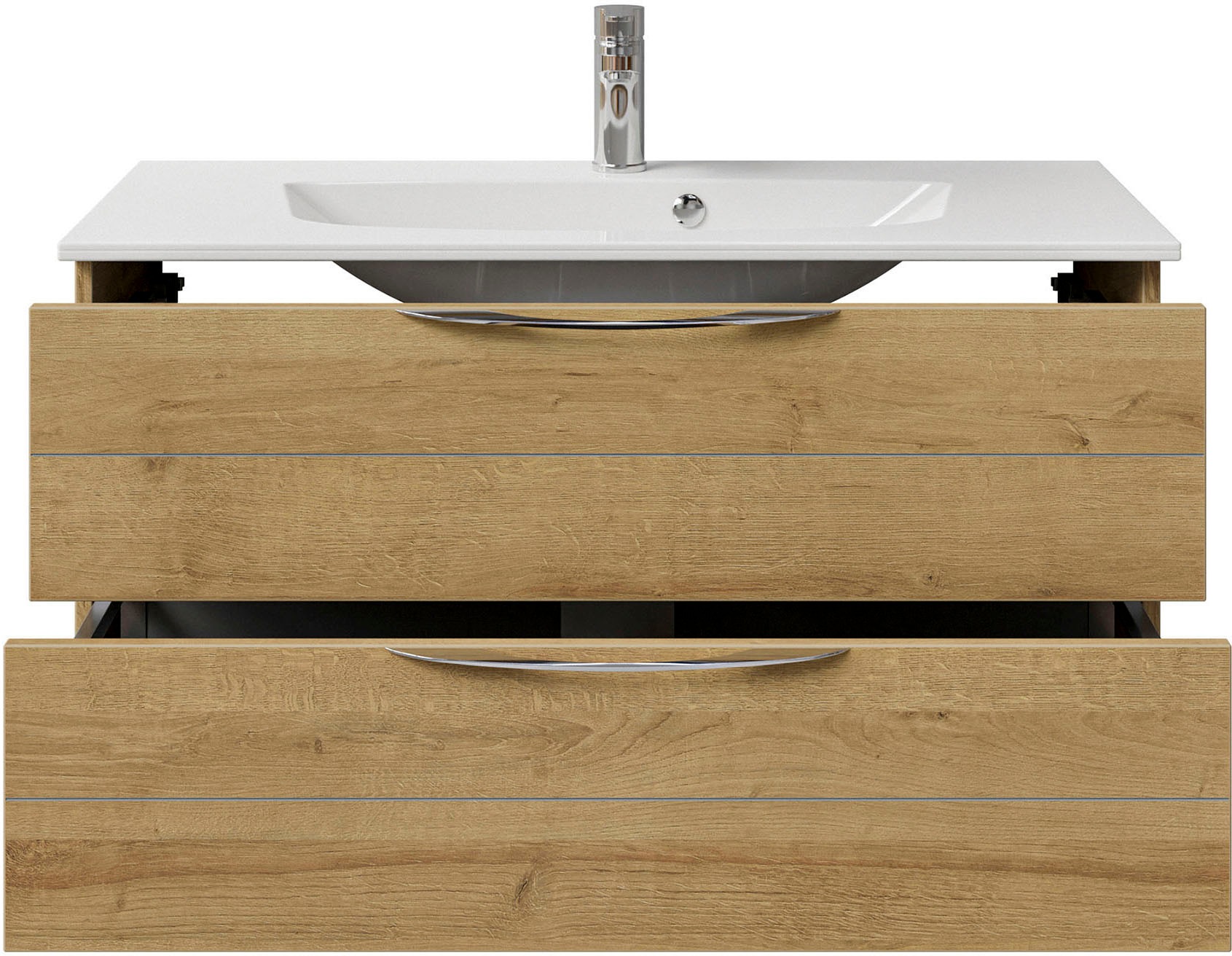 Saphir Badmöbel-Set »Serie 6025 2-teilig Mineralmarmor-Waschtisch mit LED-Spiegelschrank«, (2 St.), Waschplatz 97 cm breit, 2 Schubladen, 3 Spiegel-Türen, inkl Türdämpfer