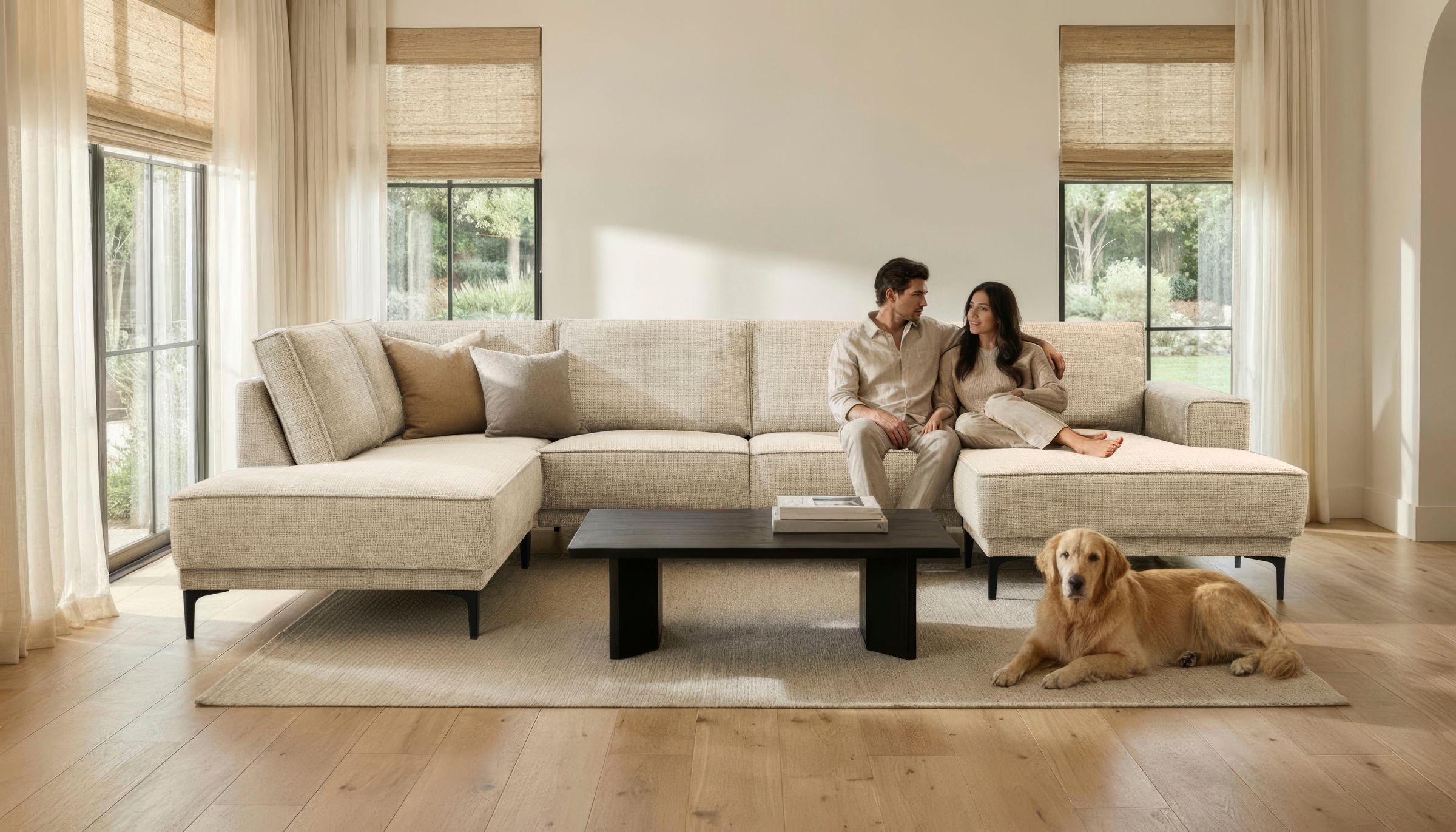 OTTO home Wohnlandschaft "OLAND Chenille U-Form, XXL, B: 345 cm, Skandi-Design" U-Form, 345 cm, Wellenunterfederung, Skandi-Design, Metallfüße