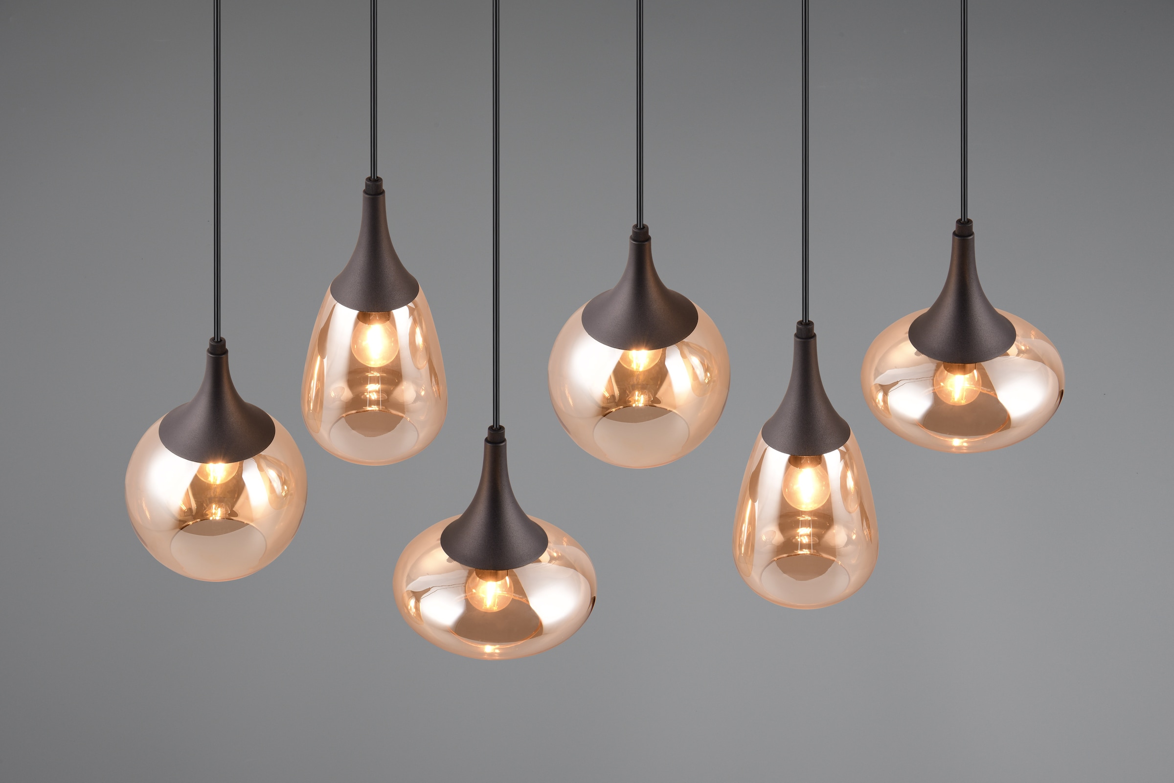 TRIO Leuchten Pendelleuchte »LUMINA, E14 Hängelampe 6-flammig Glasschirme in 3 Formen amberfarbig«, 6 flammig, Leuchtmittel E14 | Leuchtmittel wechselbar, exkl 6x E14 max 40W, Hängeleuchte höhenverstellbar bis max 150 cm