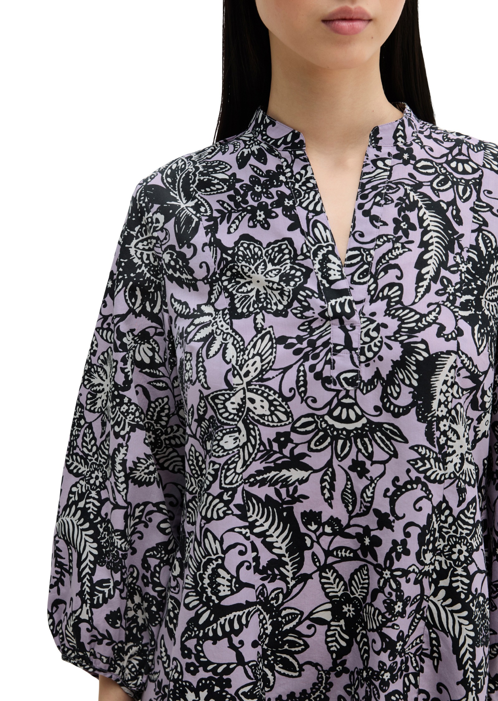 Druckkleid MARC O'POLO "aus bedrucktem Light-Popeline", Damen, Gr. 38, Normalgrößen, light lila, Obermaterial: 57% Baumwolle, 43% Lyocell, bedruckt, loose fit kurz, elastischer Bund, Kleider Druckkleid 3