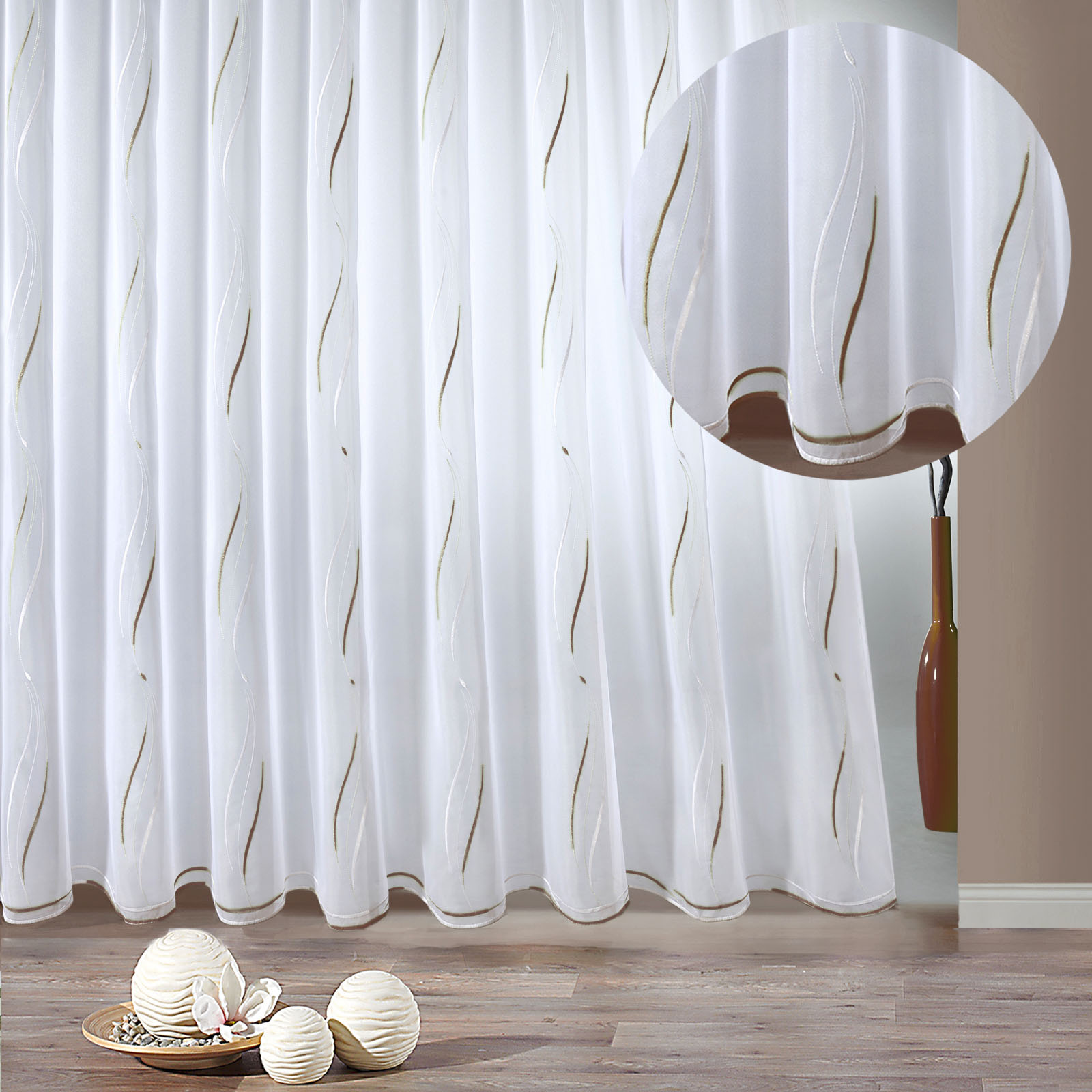 Thumbnail - Weckbrodt Gardine "VIVIEN" Smokband 1 Stk. tlg. echte Stickerei, Voile, Allover, Motiv, Halbtransparent, gebogt, Store