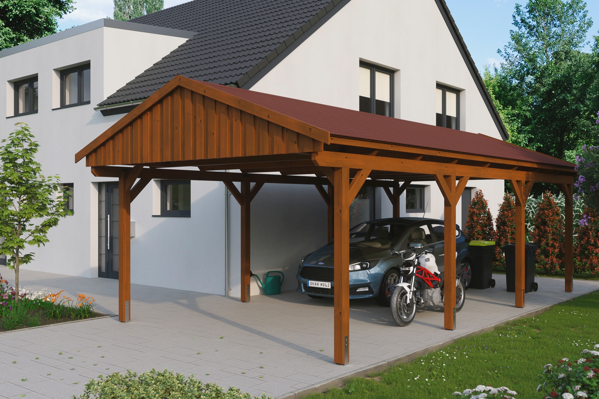 Skanholz Einzelcarport "Fichtelberg", Leimholz-Nordisches Fichtenholz, braun, mit roten Schindeln