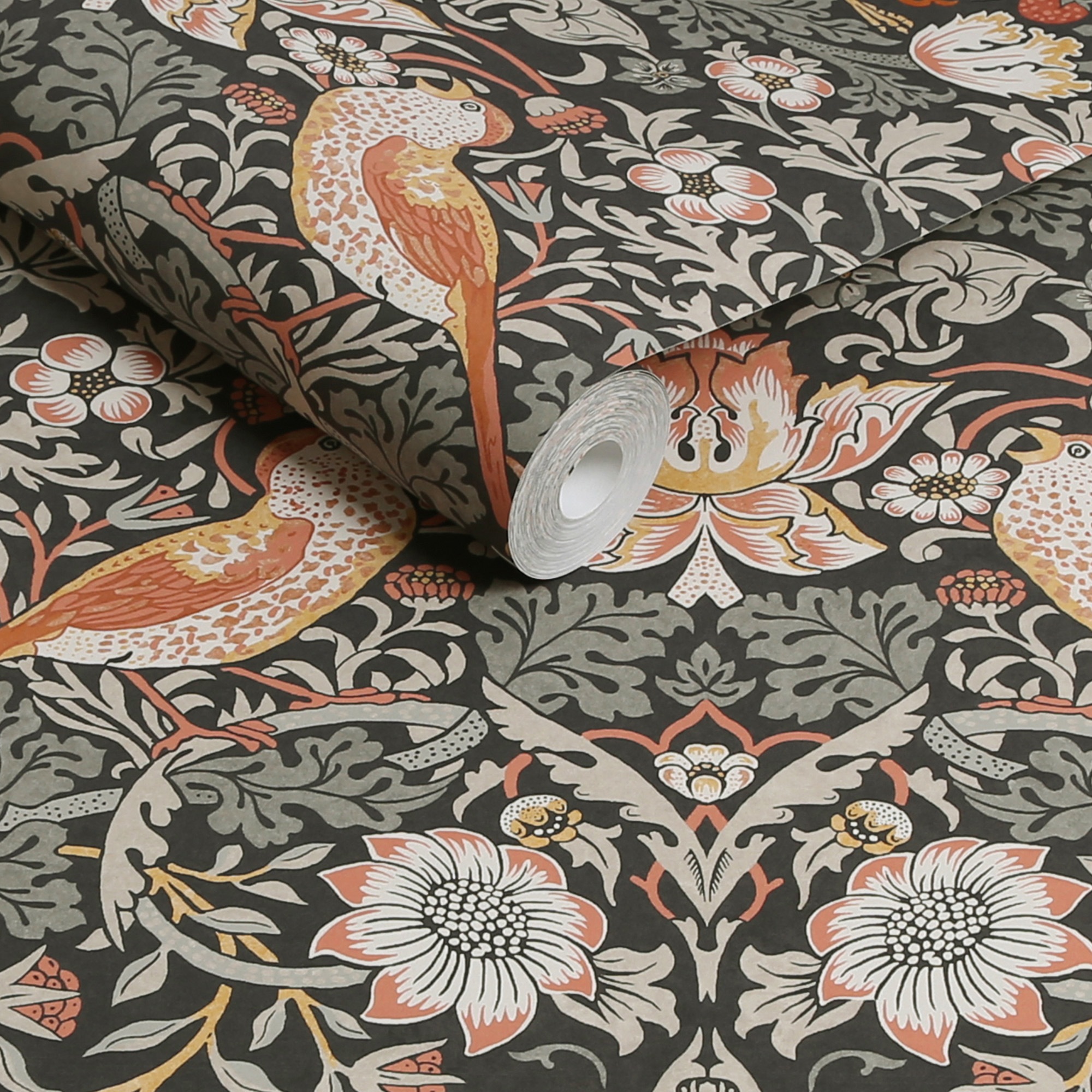 William Morris At Home - Papier peint intissé William Morris Strawberry Thief Charcoal 1005 x 52cm Gris