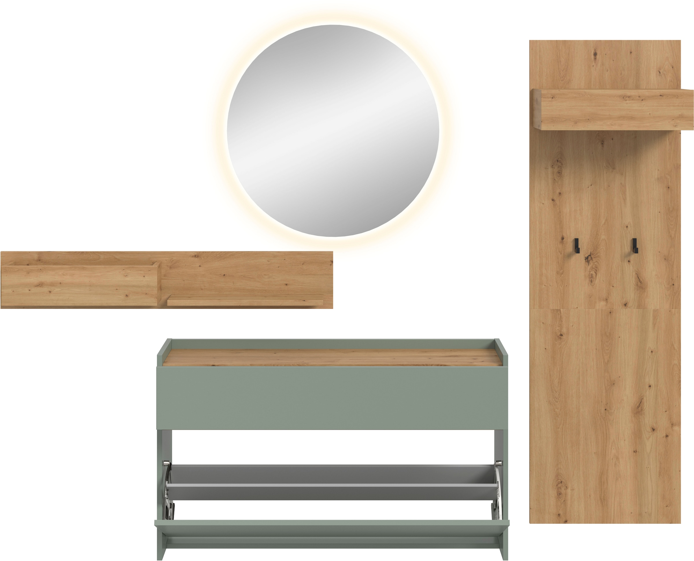 INOSIGN Garderoben-Set »EVRID, 4-teilig, Breite 205 cm, inkl. Beleuchtung« best. aus: Wandboard, Kommode, Spiegel, Garderobenpaneel, 4 Stk. tlg.