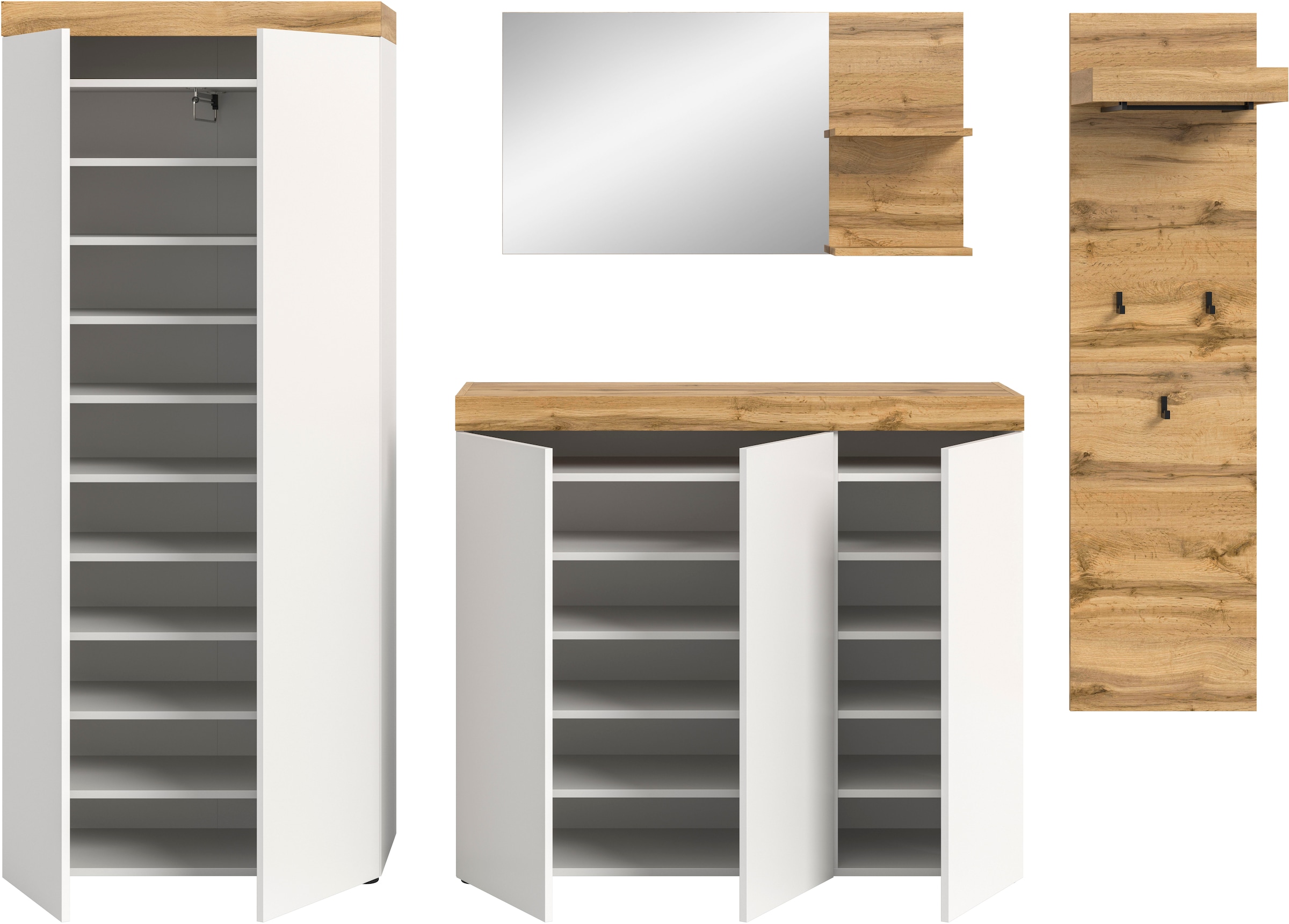 OTTO home Garderoben-Set »MAMBO, TOPSELLER!, 4-teilige Kombination, stehend & hängend montierbar« bestehend aus: Garderobenschrank, Kommode, Spiegel, Garderobenpaneel, 4 Stk. tlg.