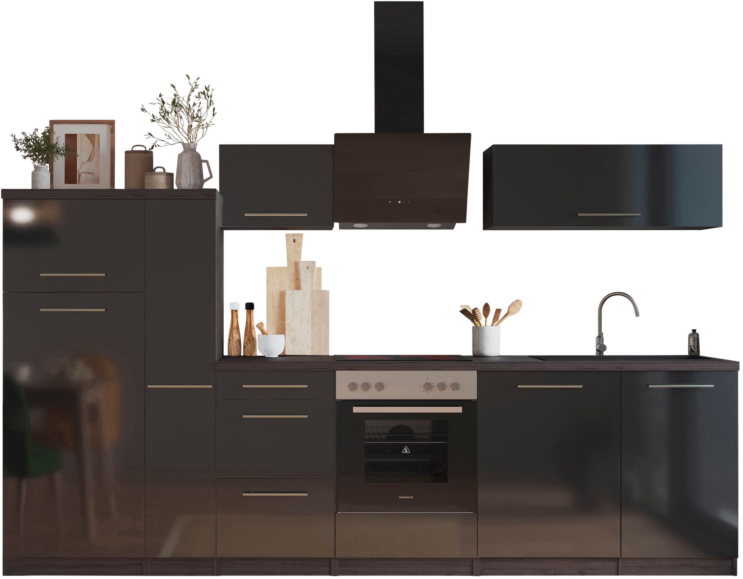 Küche RESPEKTA, B:310cm H:200cm T:60cm, schwarz, Komplettküchen-Sets, "Amanda", Breite 310 cm, mit Soft-Close, inklusive Elektrogeräte: