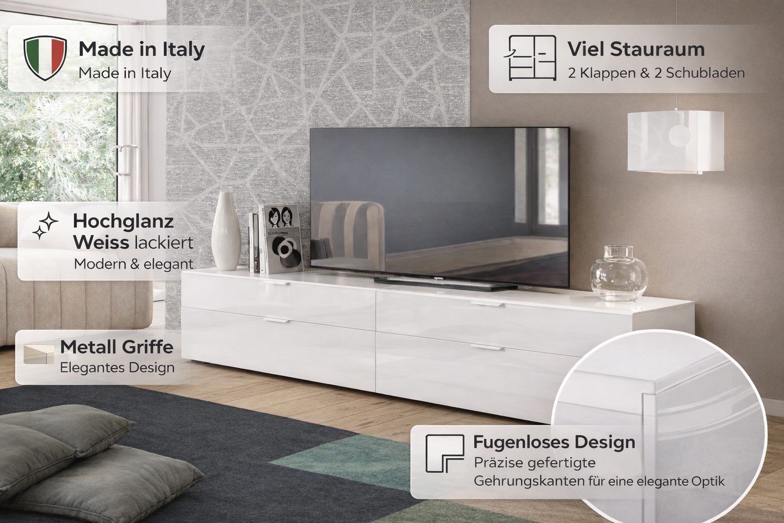 Home affaire Lowboard »ASSO, Lowboard, Anrichte, Kommode, Schrank, Hochglanz lackiert« 1 Stk. tlg. Breite 200 cm, Soft-Close Einzug, 2 Schubladen, 2 Klappen, Metallgriff
