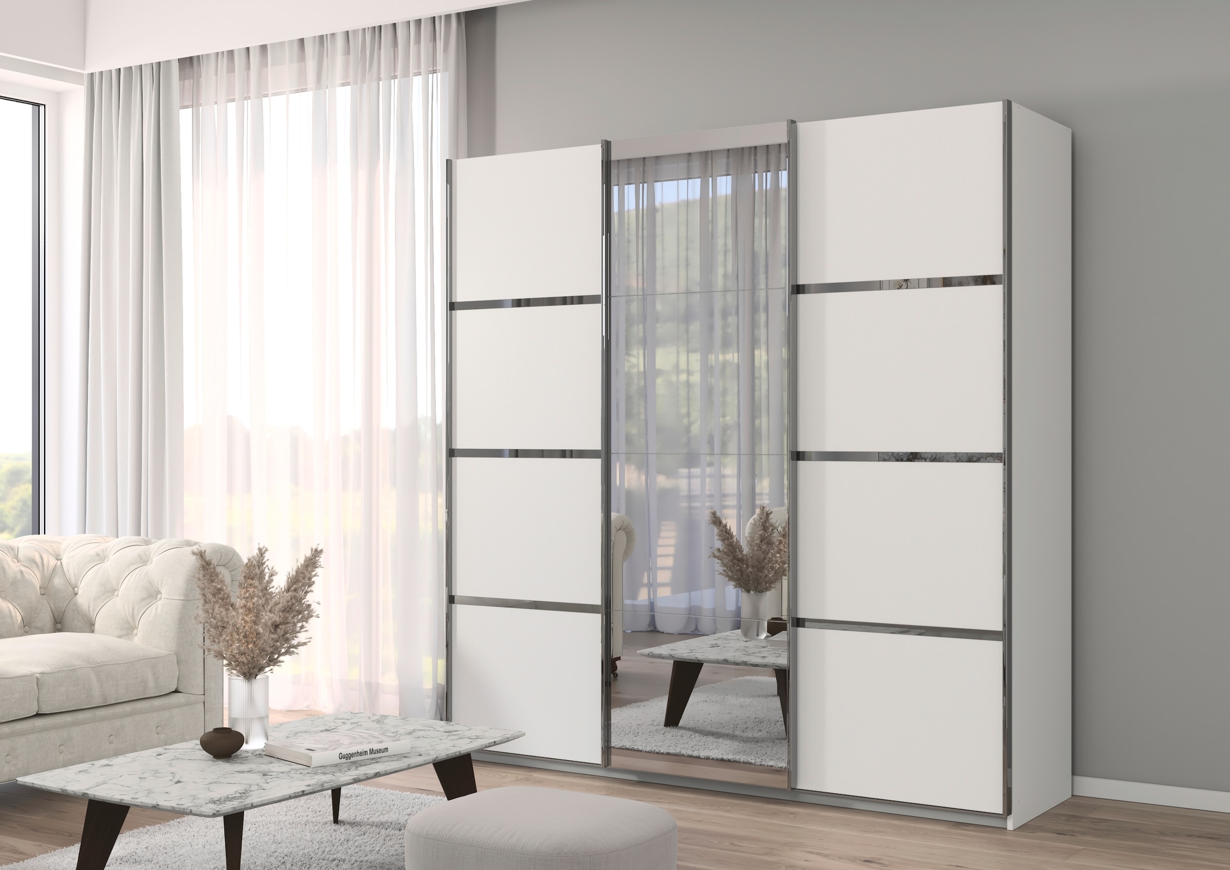 rauch Kleiderschrank »Schwebetürenschrank Garderobe Schrank TOP ANGEBOT Avola«, (in 3 verschiedenen Ausstattungen BASIC/CLASSIC/PREMIUM inkl. Spiegel), mit eleganten Zierleisten in Chrom, Schwarz oder Weiß MADE IN GERMANY