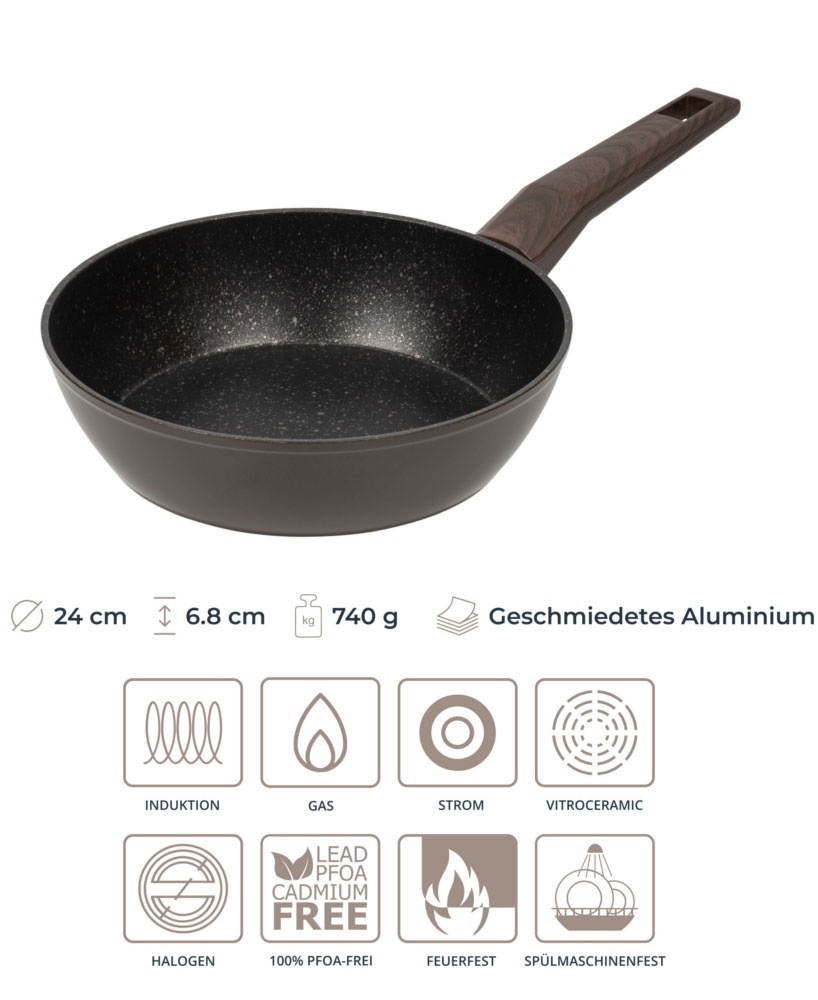 RESTO Kitchenware Bratpfanne »Carina, tiefe Schmorpfanne mit holzähnlichem Soft-Touch-Griff«, Aluminium, (1 tlg.), mit Marmor-Antihaftbeschichtung, 4-lagig, für alle Herdarten geeignet