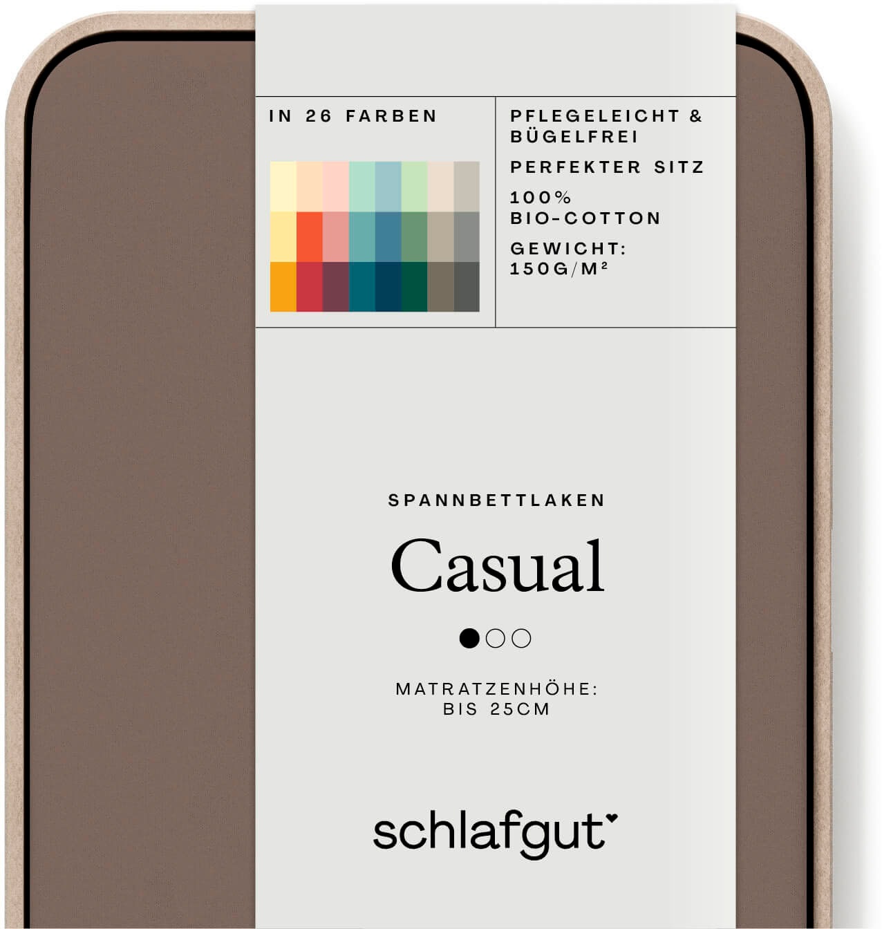 Schlafgut Spannbettlaken "CASUAL Bettlaken 100% gekämmte Bio-Baumwolle, 150 g/m², Spannbetttuch" Bettlaken bis 25 cm Höhe, langlebig, weich, Antipilling-Ausrüstung