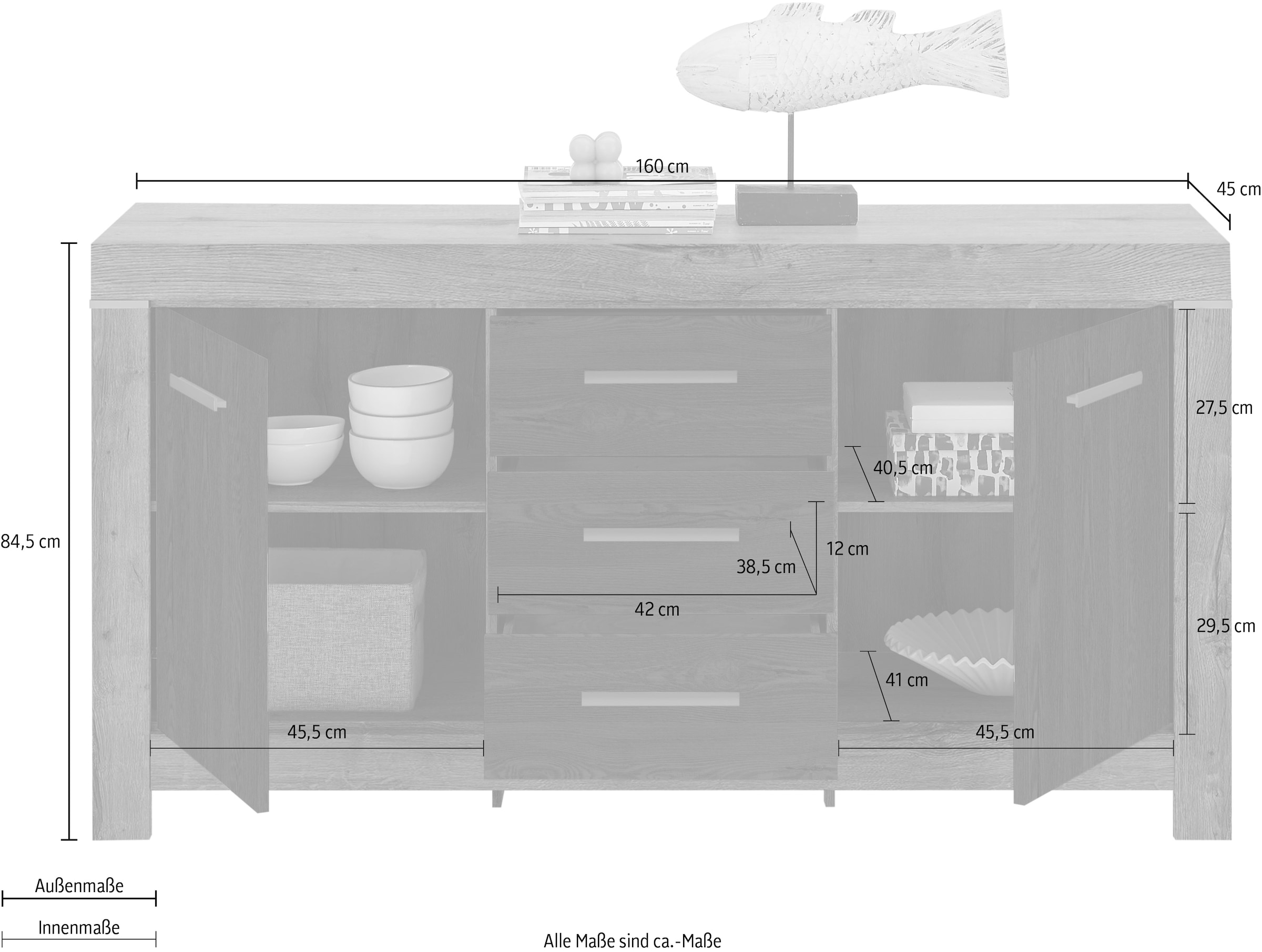 HBZ Sideboard »Balin mit LED-Beleuchtung, BxHxT 160x85x45 cm«, (1 St.), Mit 2 Türen und 3 Schubkästen und 2 Einlegeböden