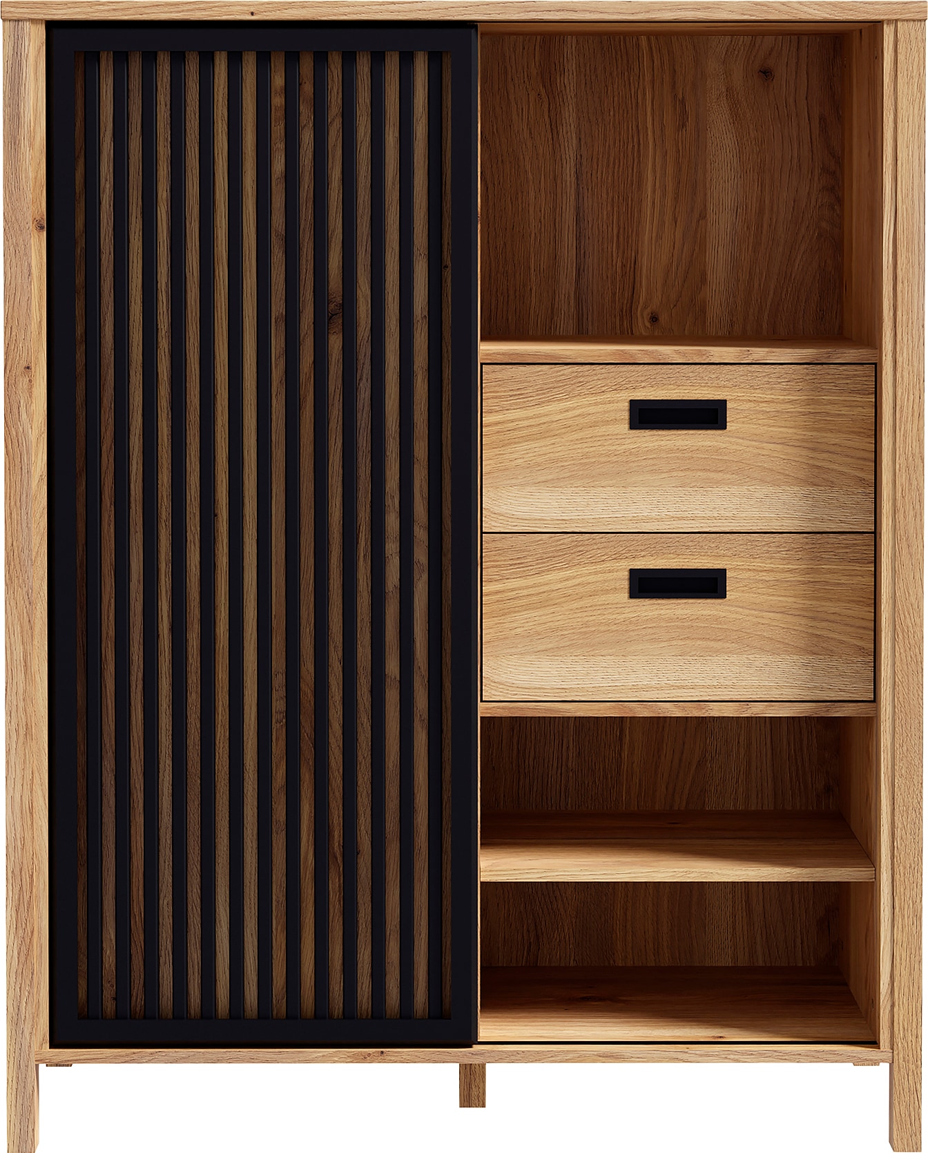 FORTE Highboard »Jytana«, Breite 103,4 cm, Schiebetüre mit Lamellenoptik, Mauvella Eiche/Schwarz