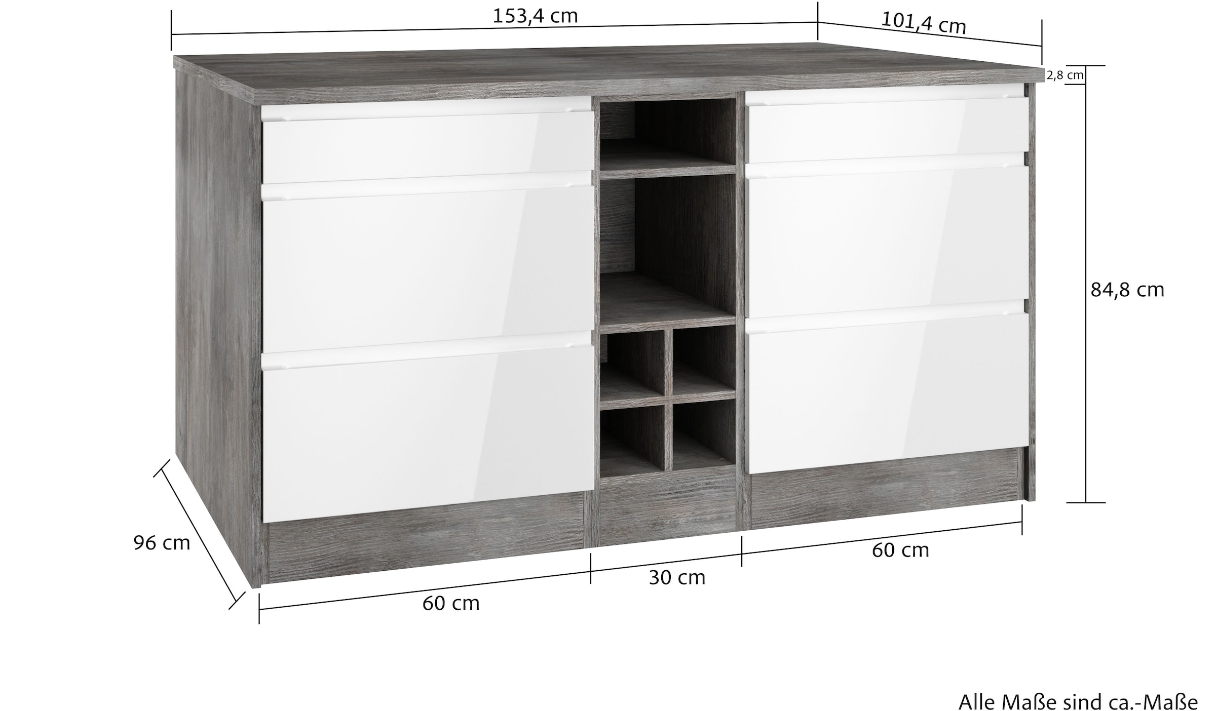 KOCHSTATION Kücheninsel »KS-Virginia«, Breite 153 cm, MDF-Fronten, Flaschenregal