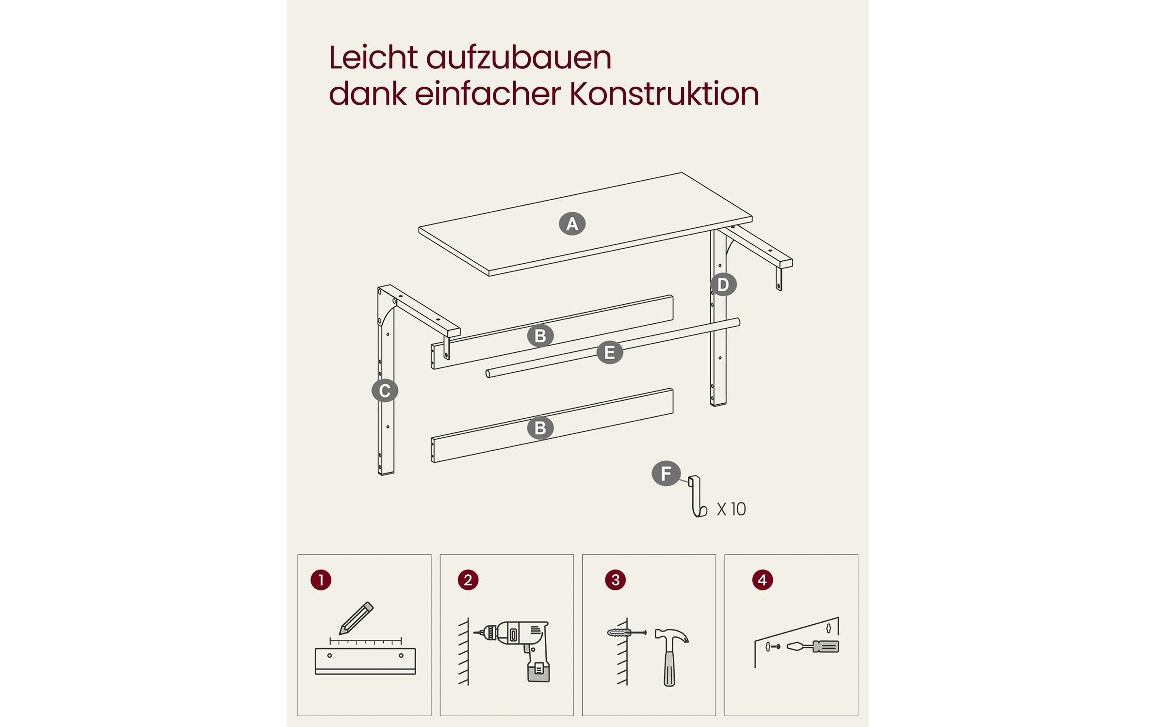 VASAGLE Wandgarderobe »im Industriestil mit Ablage 80 x 30 x 45 cm« Wandregal mit Kleiderstange und 10 Haken