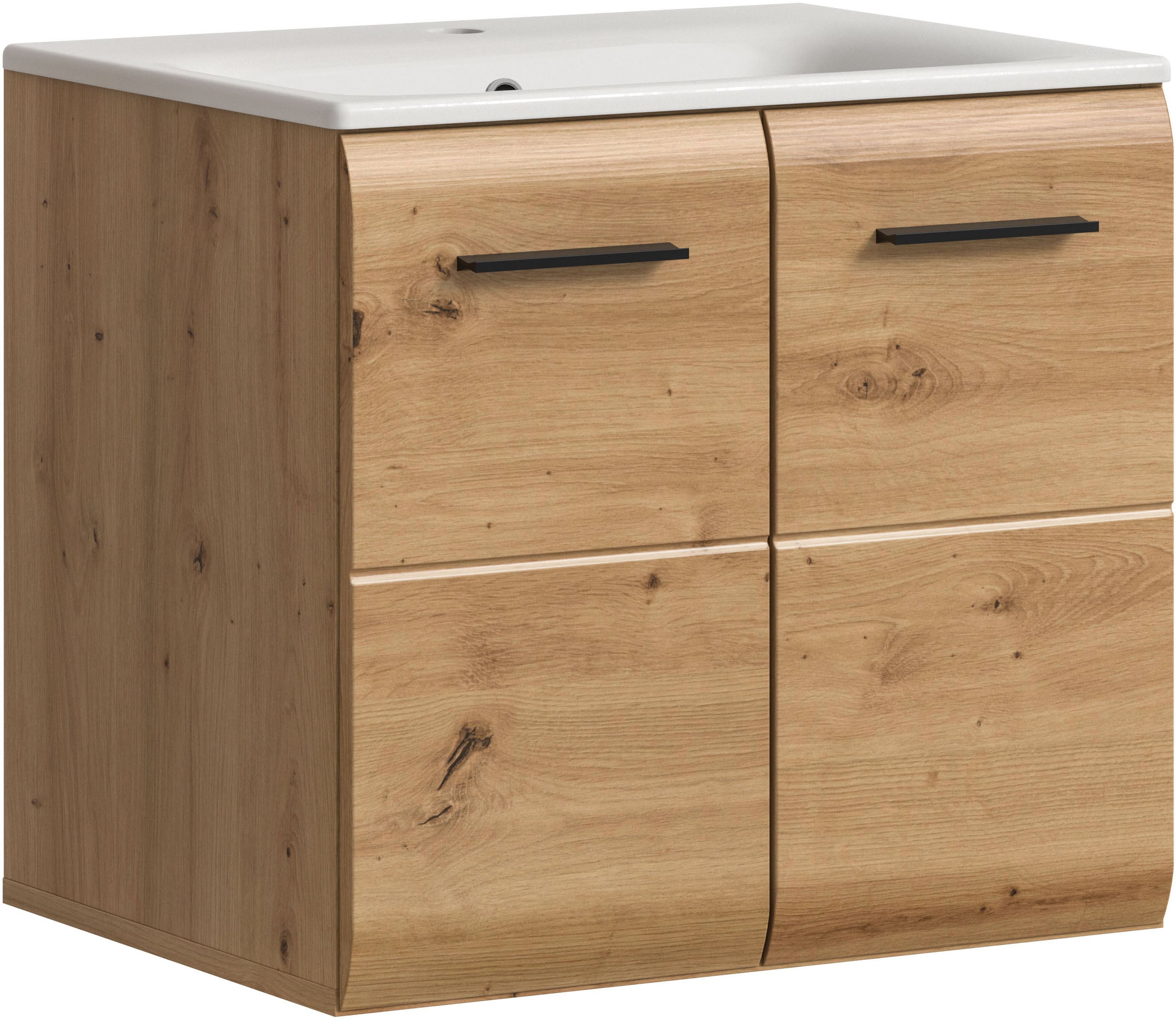welltime Waschbeckenunterschrank "FLORENZ, Breite 60 cm, inkl. Waschbecken, hängende Montage" TOPSELLER, 2 Stk. tlg. hochwertige MDF Front, Griff schwarz, Badschrank, Bad