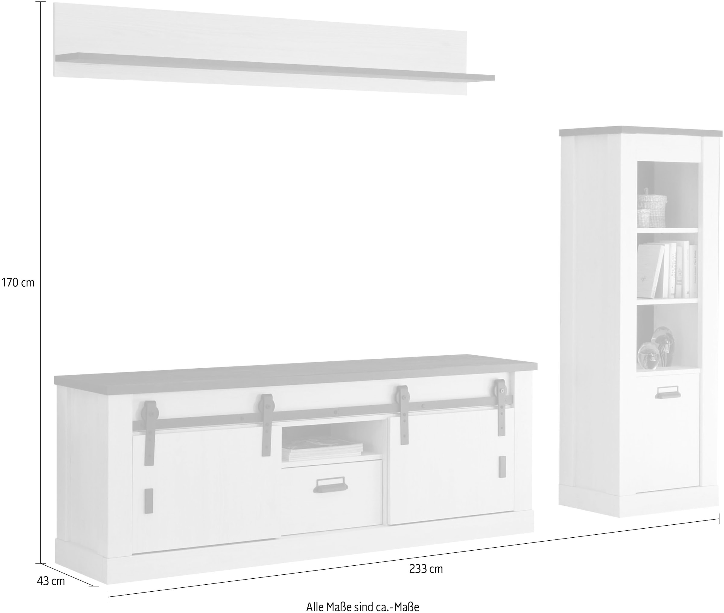 Home affaire Wohnwand »SHERWOOD«, (3 St.), mit Scheunentorbeschlag, Apothekergriffe aus Metall, Breite ca. 233 cm
