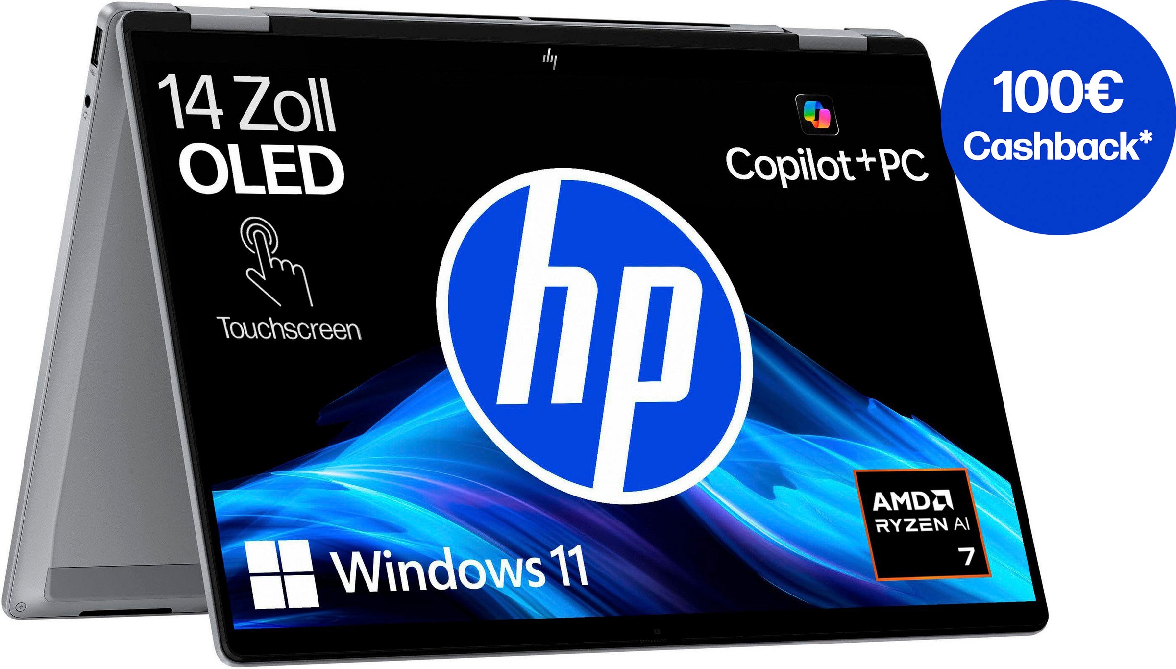 HP Convertible Notebook "OmniBook X Flip 14-fk0252ng", 16 GB RAM 1.000 GB SSD, Ryzen AI 7, Windows 11 Home, silber, Notebooks