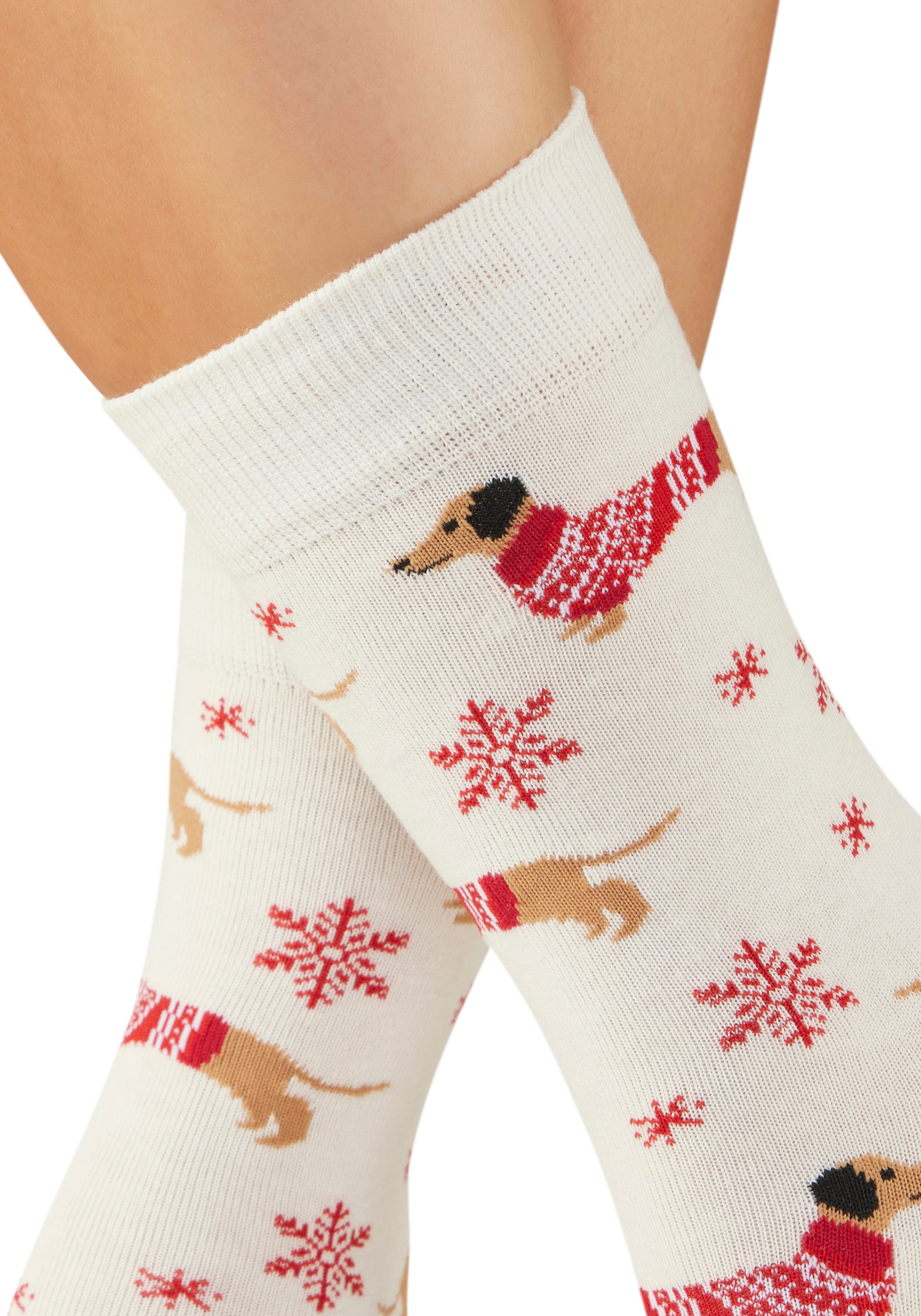 LASCANA Socken Packung, 3 Paar tlg. mit weihnachtlichem Dackelmotiv