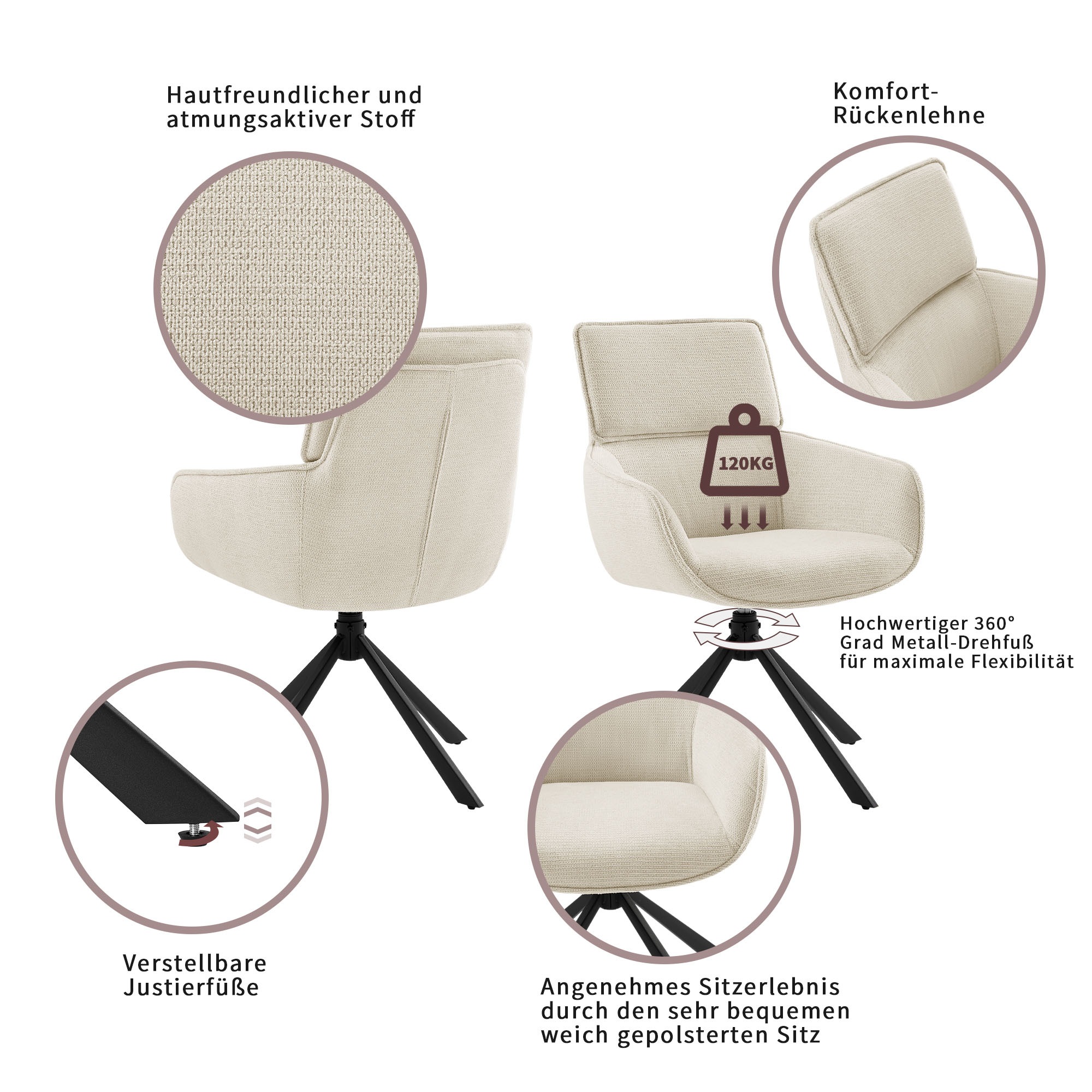 Thumbnail - Home affaire Esszimmerstuhl "Cusey, 360 drehbar, extra dicke Polsterung, 2er-Set" (Set) 2 Stk.mit 360 Metallfuß, Komfort...