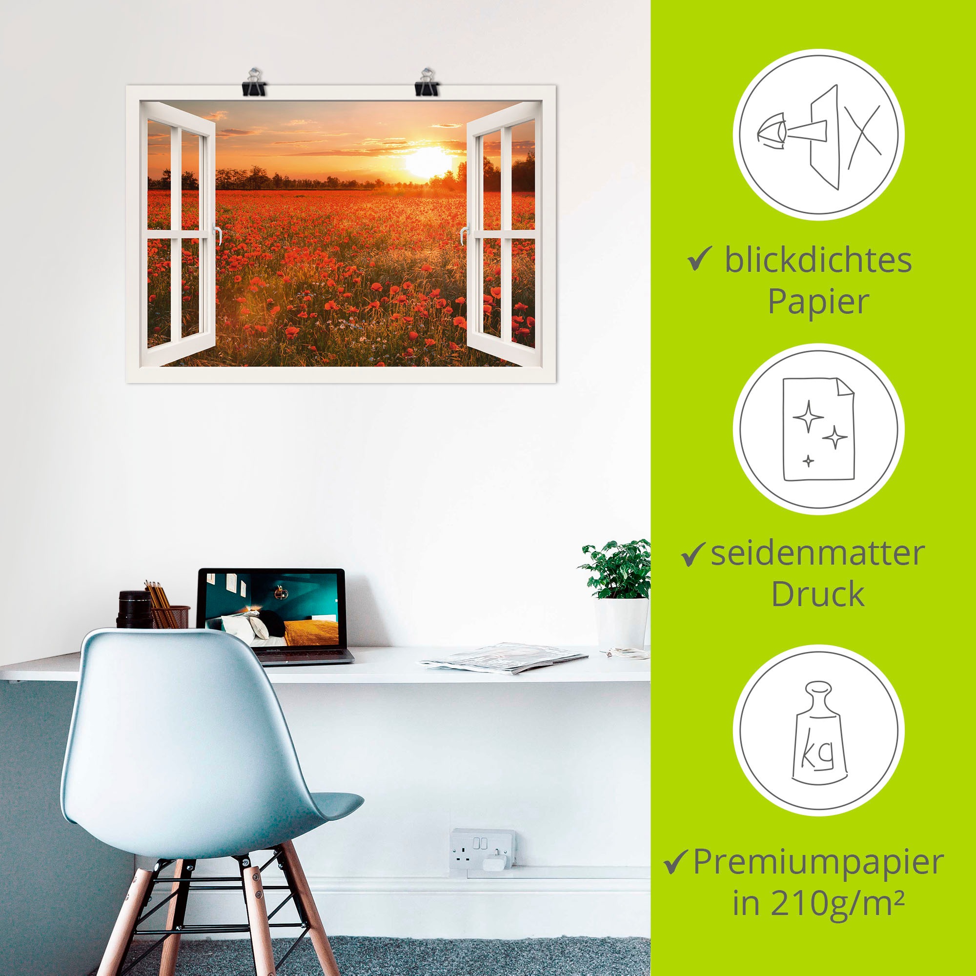 Artland Wandbild »Fensterblick Mohnblumenfeld«, Blumen, (1 St.), als Leinwandbild, Poster, Wandaufkleber in verschied. Größen