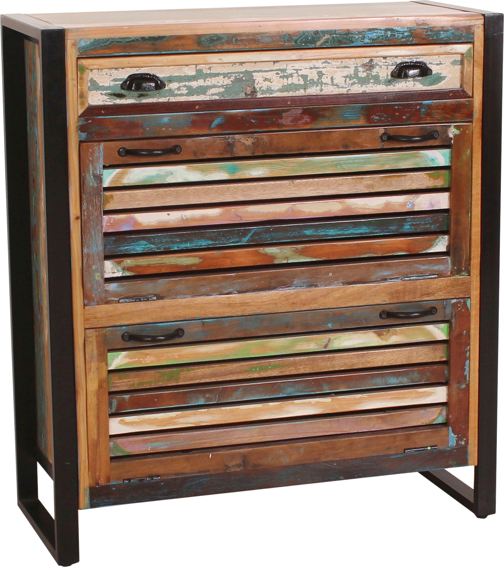 SIT Schuhschrank "Ribeira aus Altholz – Lamellenfront – 2 Klappen & Schublade" Für ca. 12 Paar Schuhe mit bunter Lamellenfront und Metallrahmen