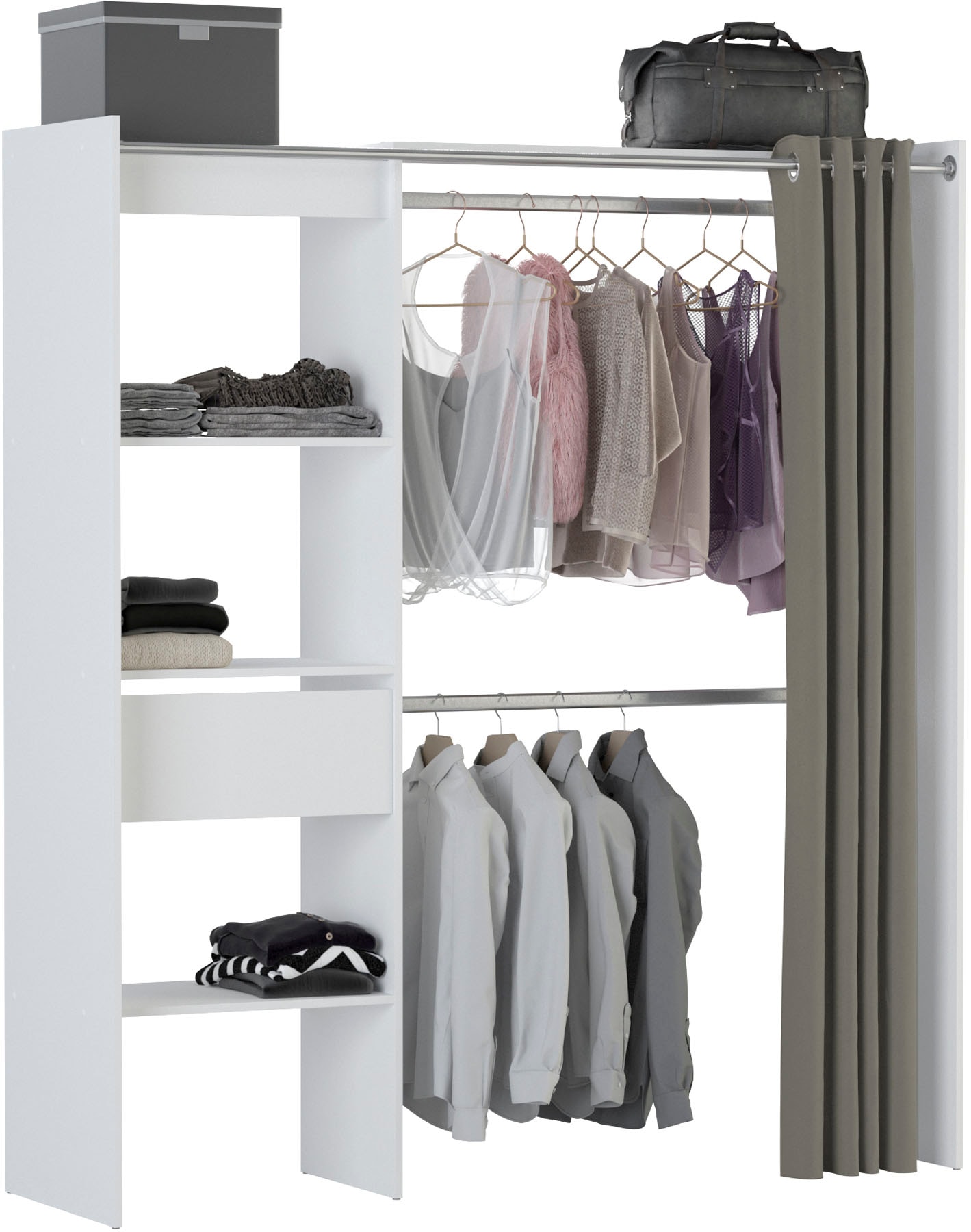 Demeyere GROUP Vorhang-Schrank »Garderobenschrank, inklusive Vorhang, passt in jeden Raum«, variabel in der Breite ca. 114 - 167cm, viel Stauraum und Ablagefläche