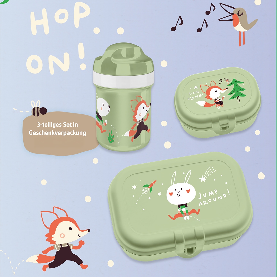 KOZIOL Lunchbox »HOP ON TO GO«, (3 tlg.), inkl. Trinkflasche, melaminfrei, CO² neutrale Produktion, 200 ml