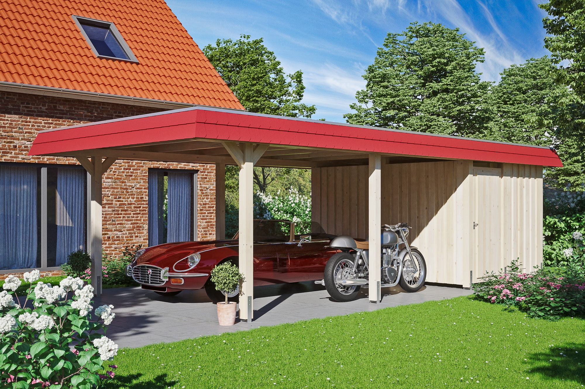 Skanholz Einzelcarport »Wendland«, Leimholz-Fichte, 341 cm, Natur, mit Abstellraum mit EPDM-Dach, rote Blende