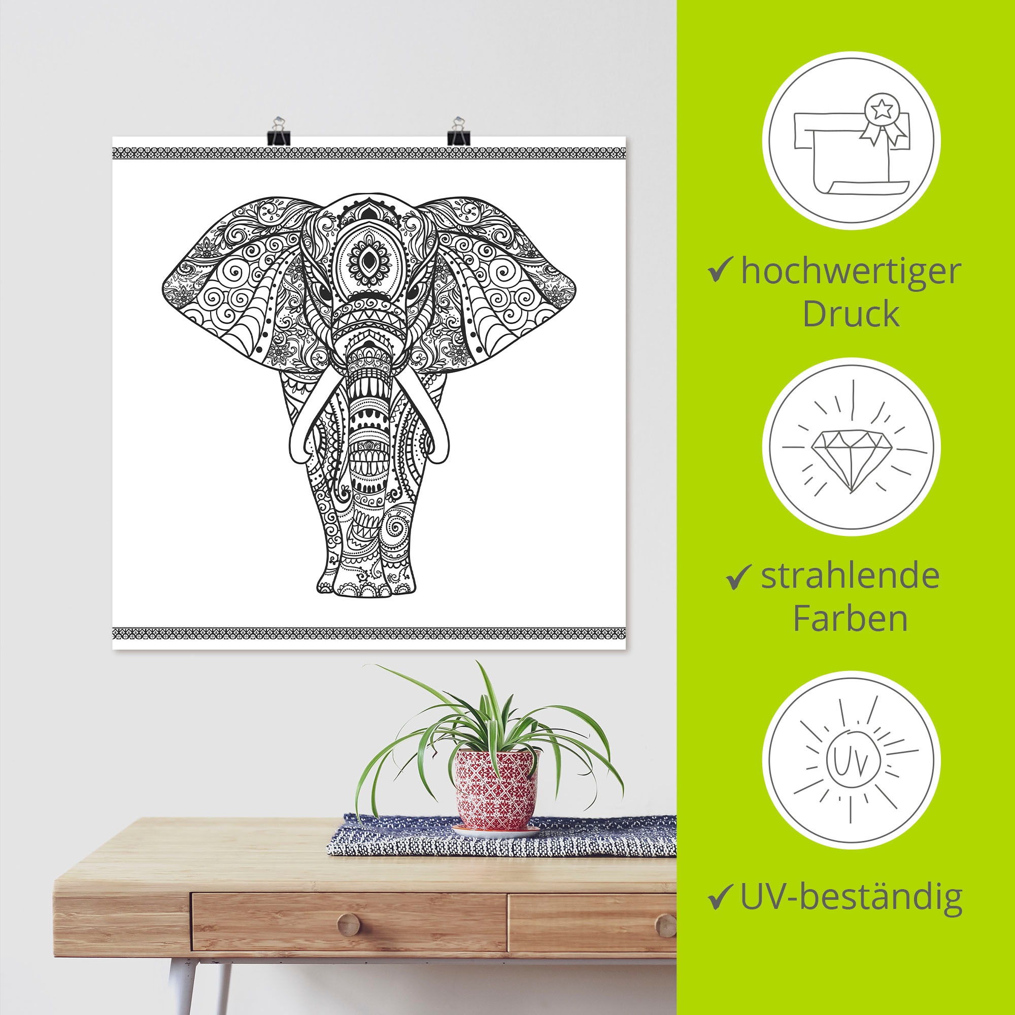 Artland Wandbild »Elefant in Mandala«, Wildtiere, (1 St.), als Leinwandbild, Poster, Wandaufkleber in verschied. Größen