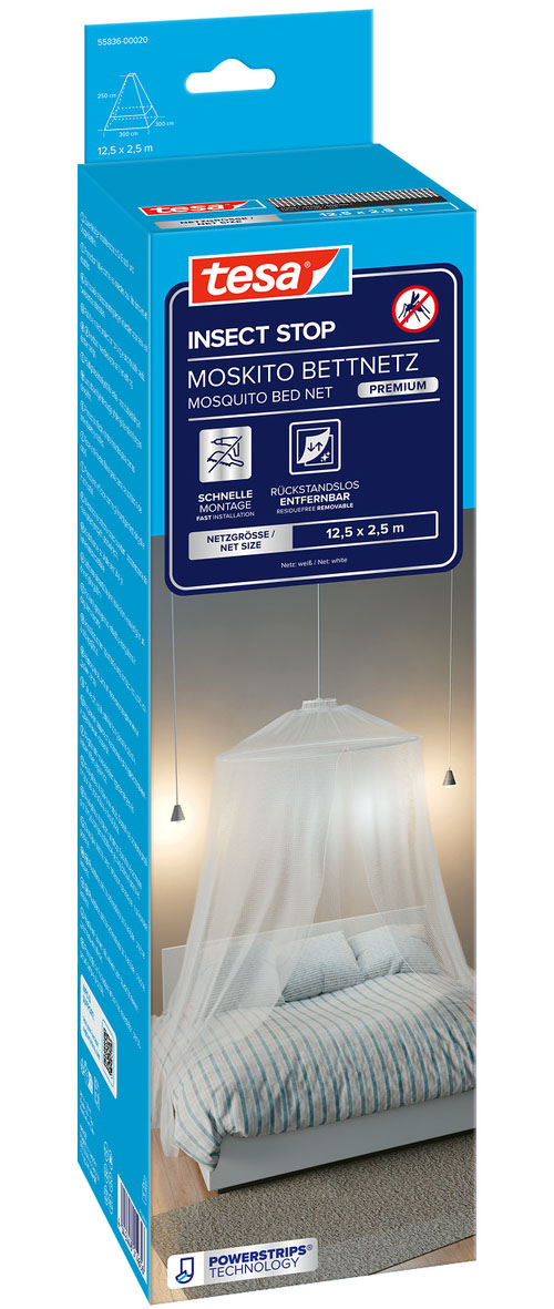 tesa Insektenschutz-Vorhang "Moskito Bettnetz Premium - für Doppelbetten" Packung, Fliegennetz, 1 Stk. tlg. INSECT STOP - 125 cm x 250 cm - Weiß (leichter Sichtschutz)