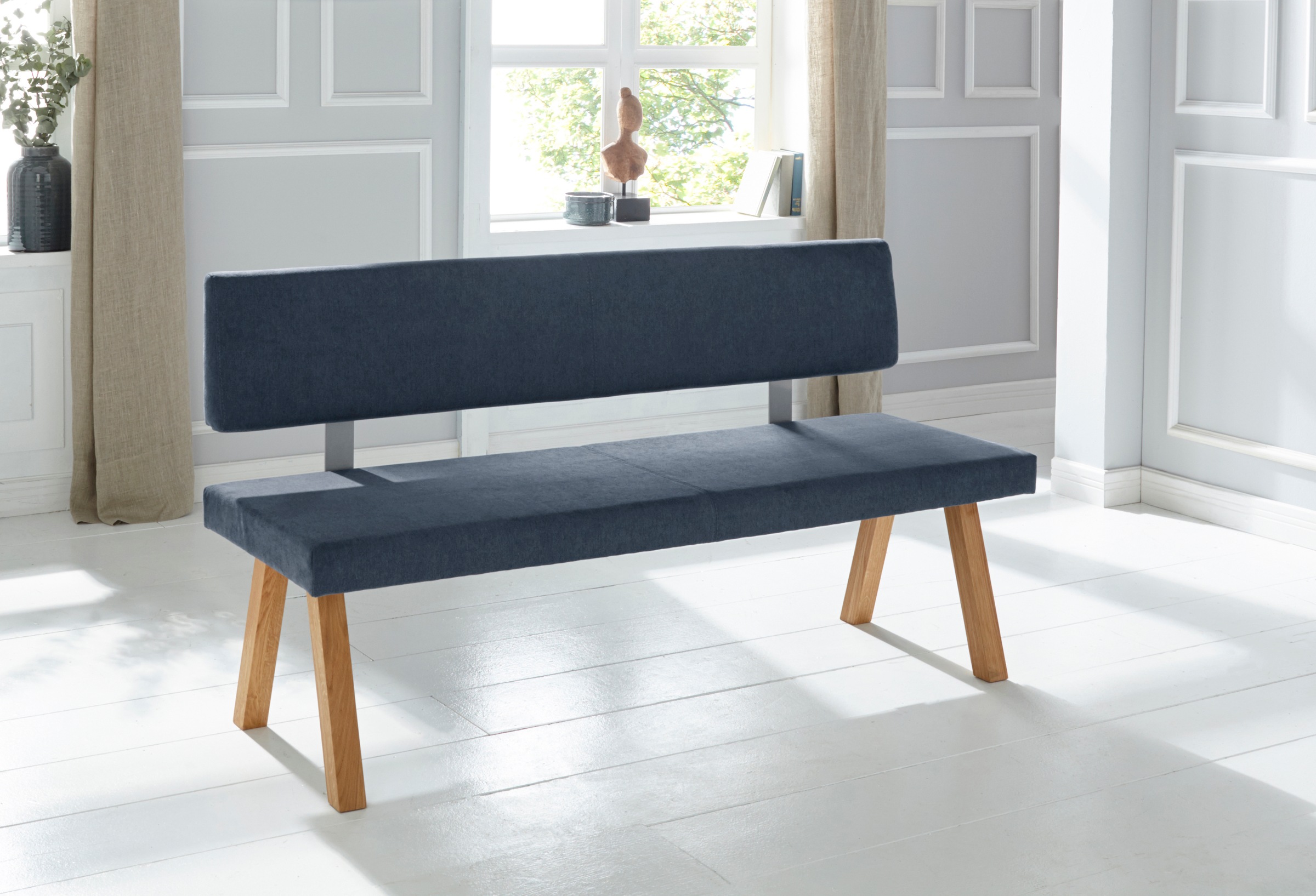 Bank OTTO HOME "Mobilar Rio", grau (grau blau), B:180cm H:89cm T:53cm, Polyester, Sitzbänke, mit Rückenlehne und aus Massivholz