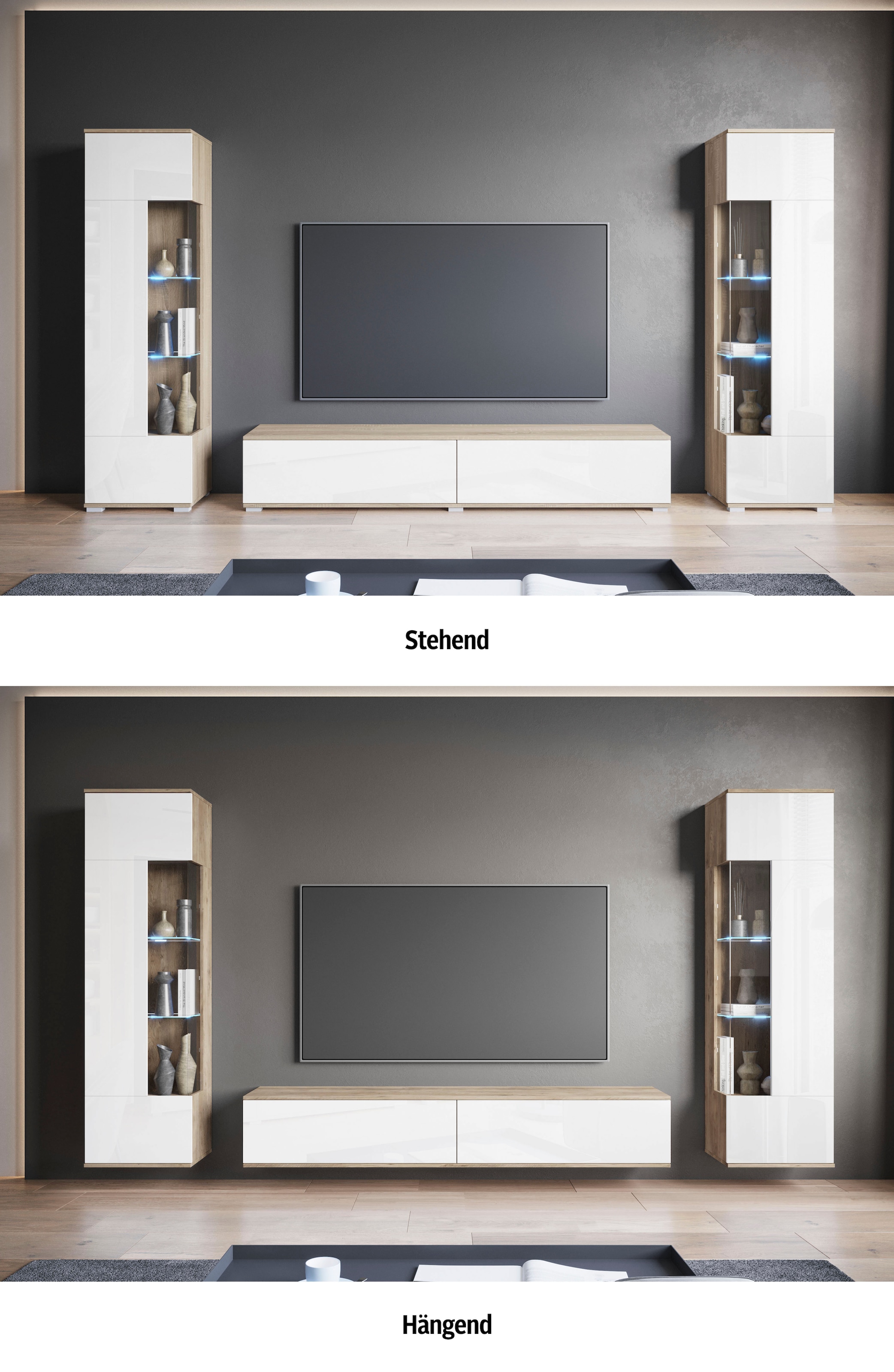 INOSIGN Wohnwand »Kenia, Vitrine Türanschlag links/rechts wechselbar«, (3 St.), Vitrinen mit Eckverglasung, hängend und stehend montierbar