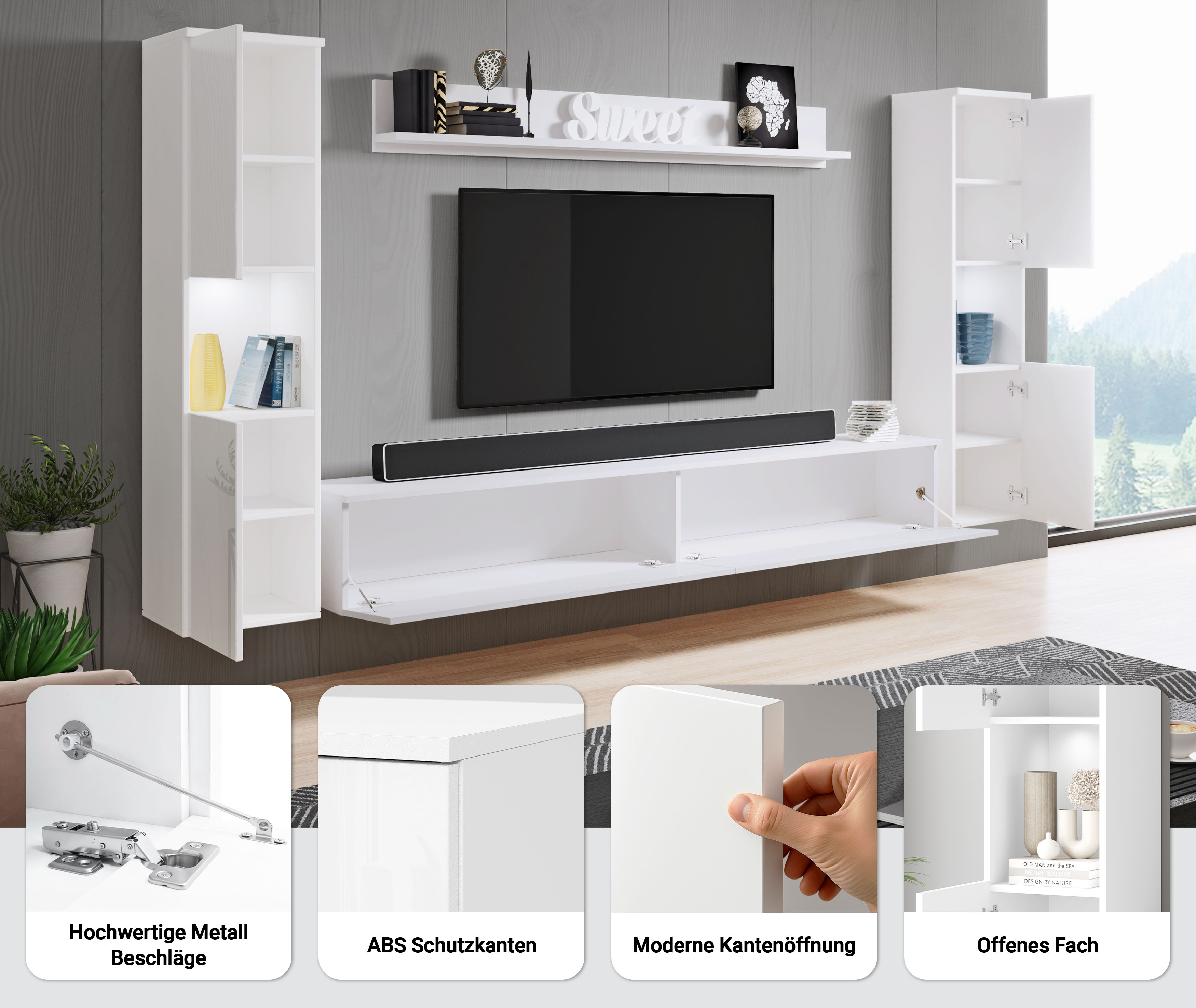 Thumbnail - OTTO home Wohnwand "PARIS, Vitrine Türanschlag links/rechts wechselbar" Komplett-Set, 4 Stk. tlg.