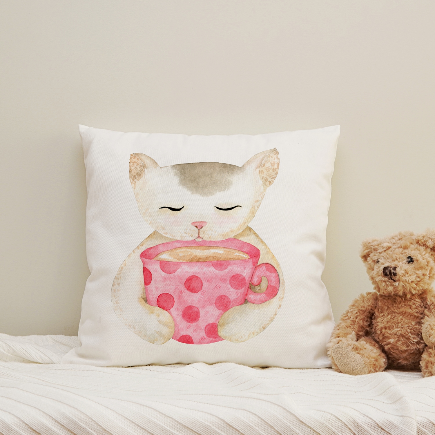 queence Dekokissen "Katze mit Kakao" Kissenhülle mit HD Premium Druck, geruchsneutral, 40x40cm