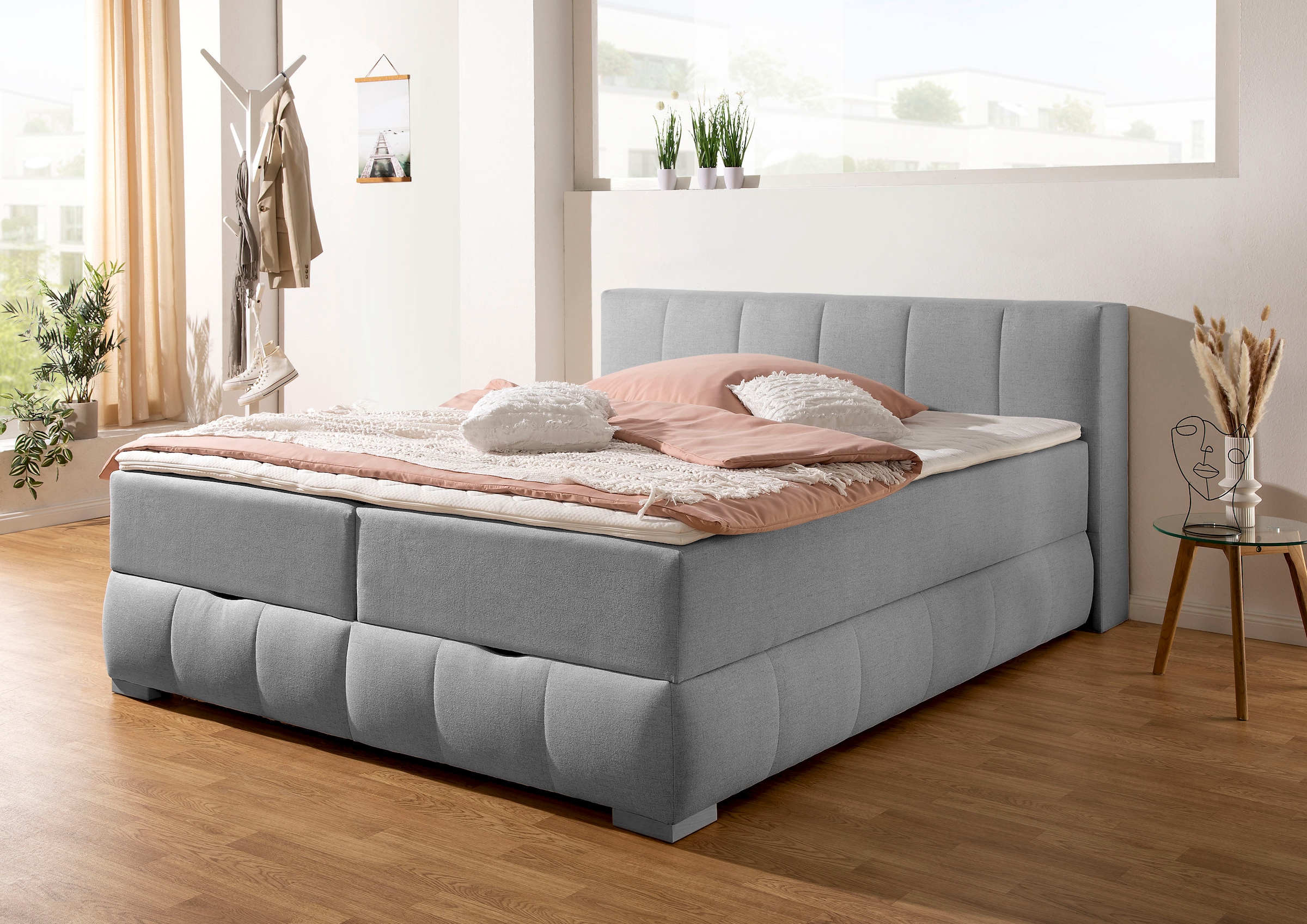 Boxbett HOME AFFAIRE Chelles grau 207x225cm inkl. Topper und Bettkasten