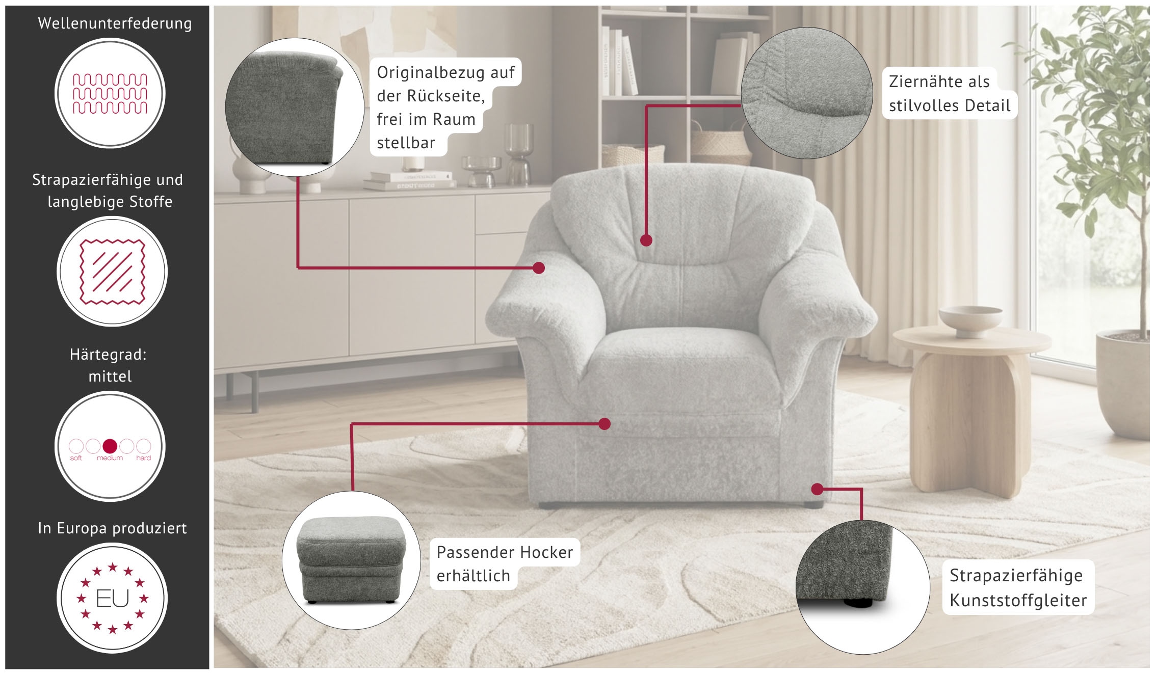 OTTO home Sessel »Nyborg Sitzbreite 48 cm, mittelfester Sitzkomfort« aus pflegeleichtem, weichem Luxus-Microfaser