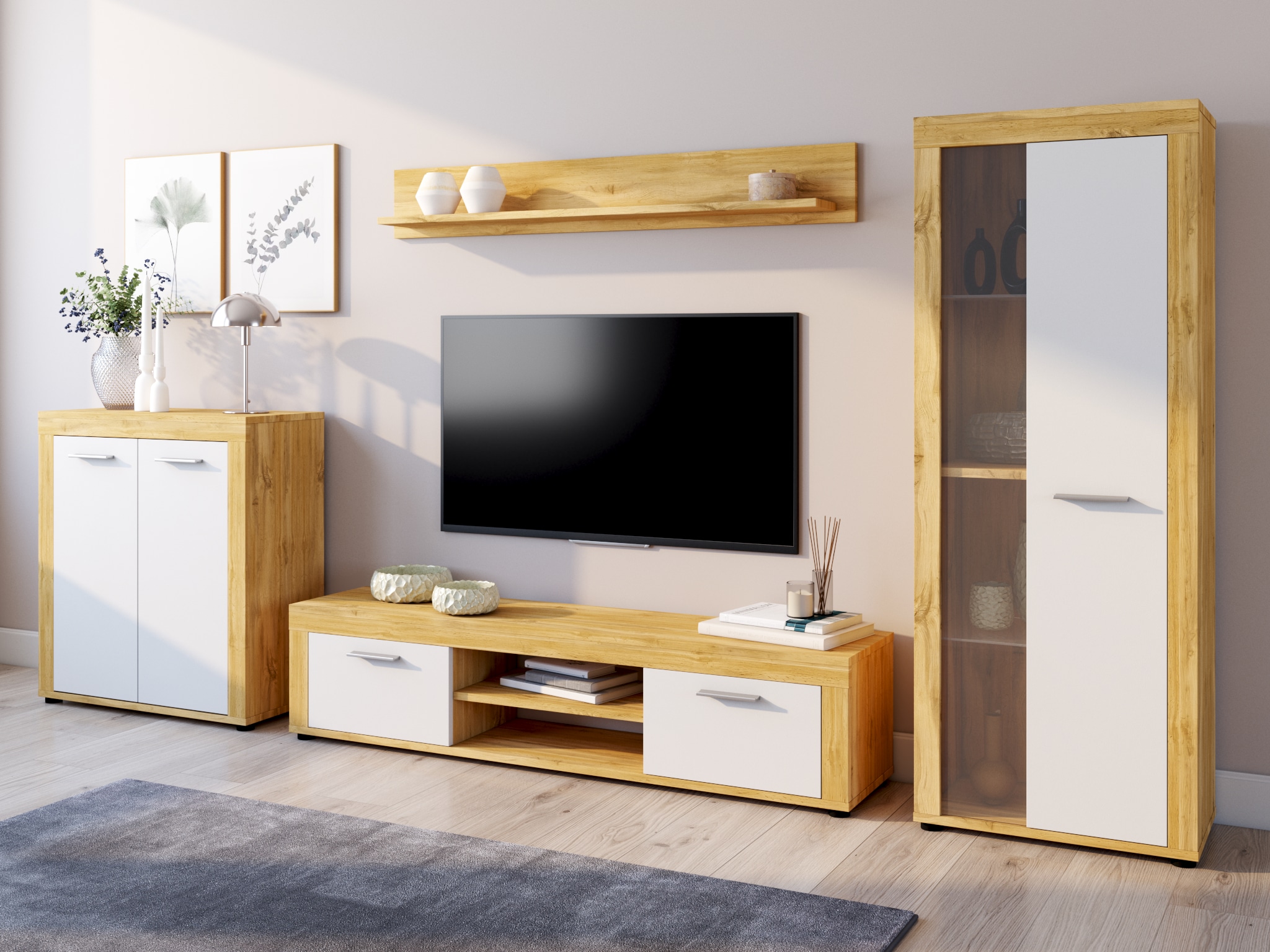 Home affaire Wohnwand »Aosta, Breite 330cm, best. aus Highboard, Lowboard, Wandboard, Vitrine« 4 Stk. tlg.